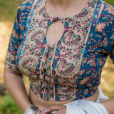 Sea green handblock print round neck keyholed cotton blouse with sleeves