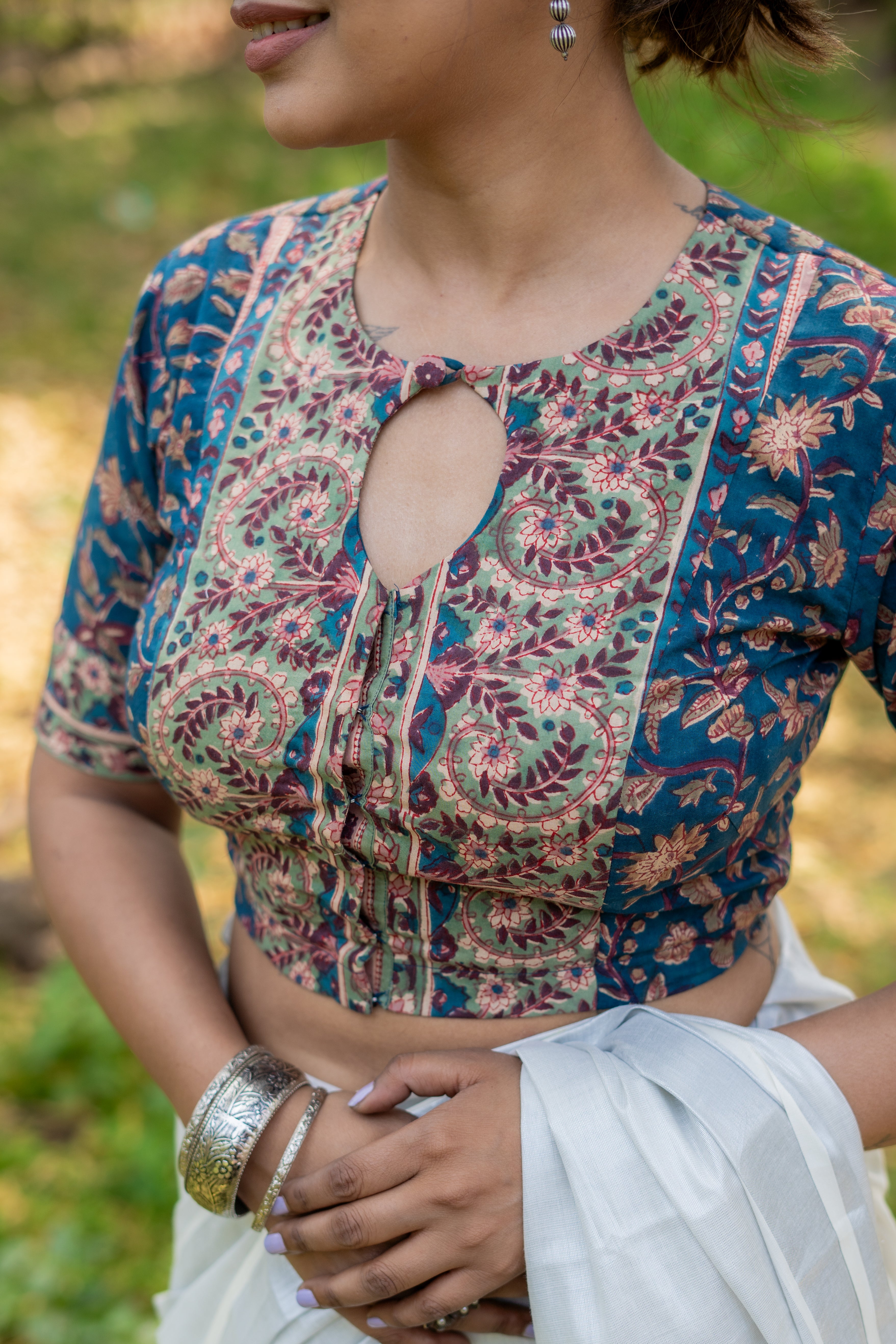 Sea green handblock print round neck keyholed cotton blouse with sleeves