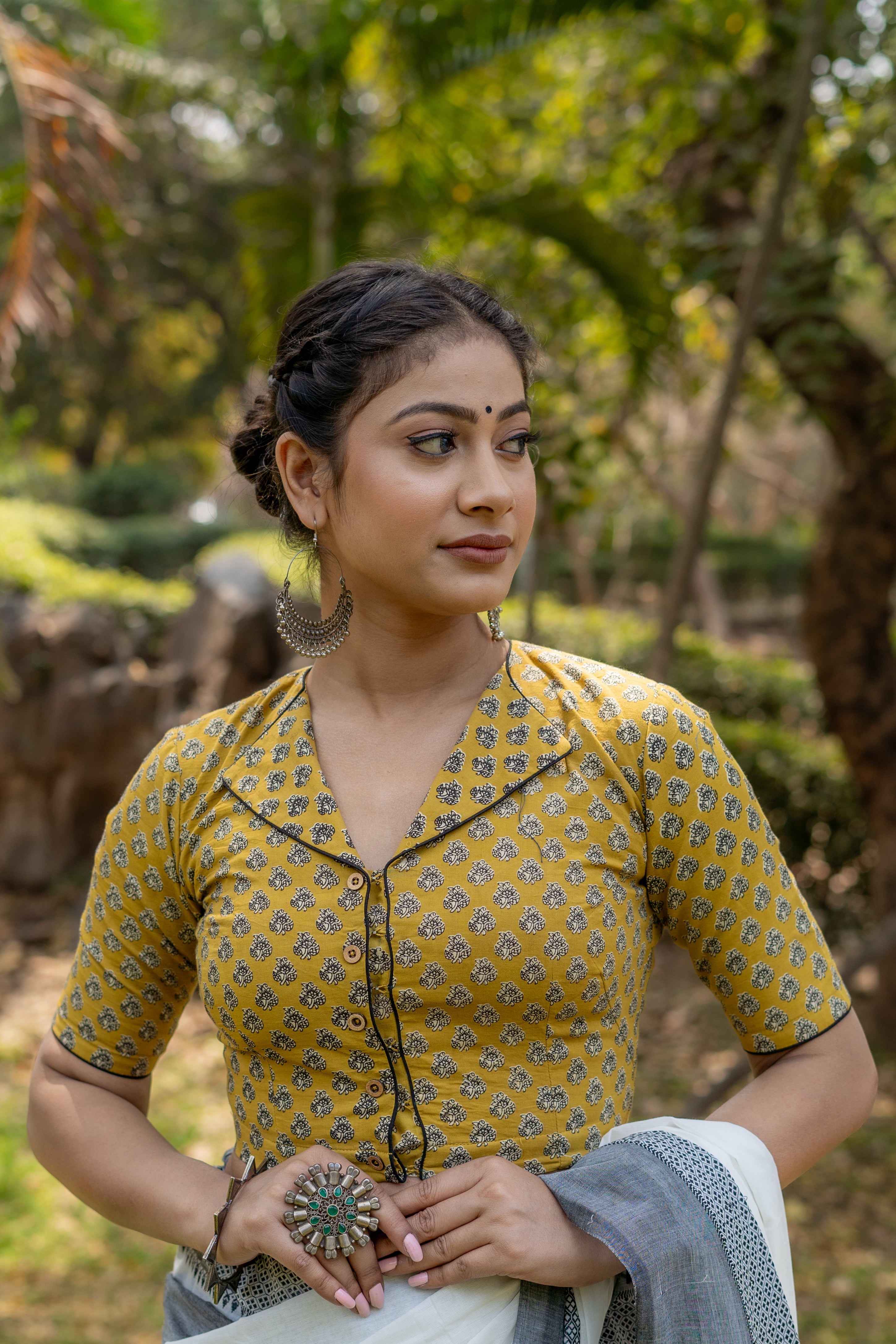 Mustard bagru booti handblock print collar with V-neck cotton blouse
