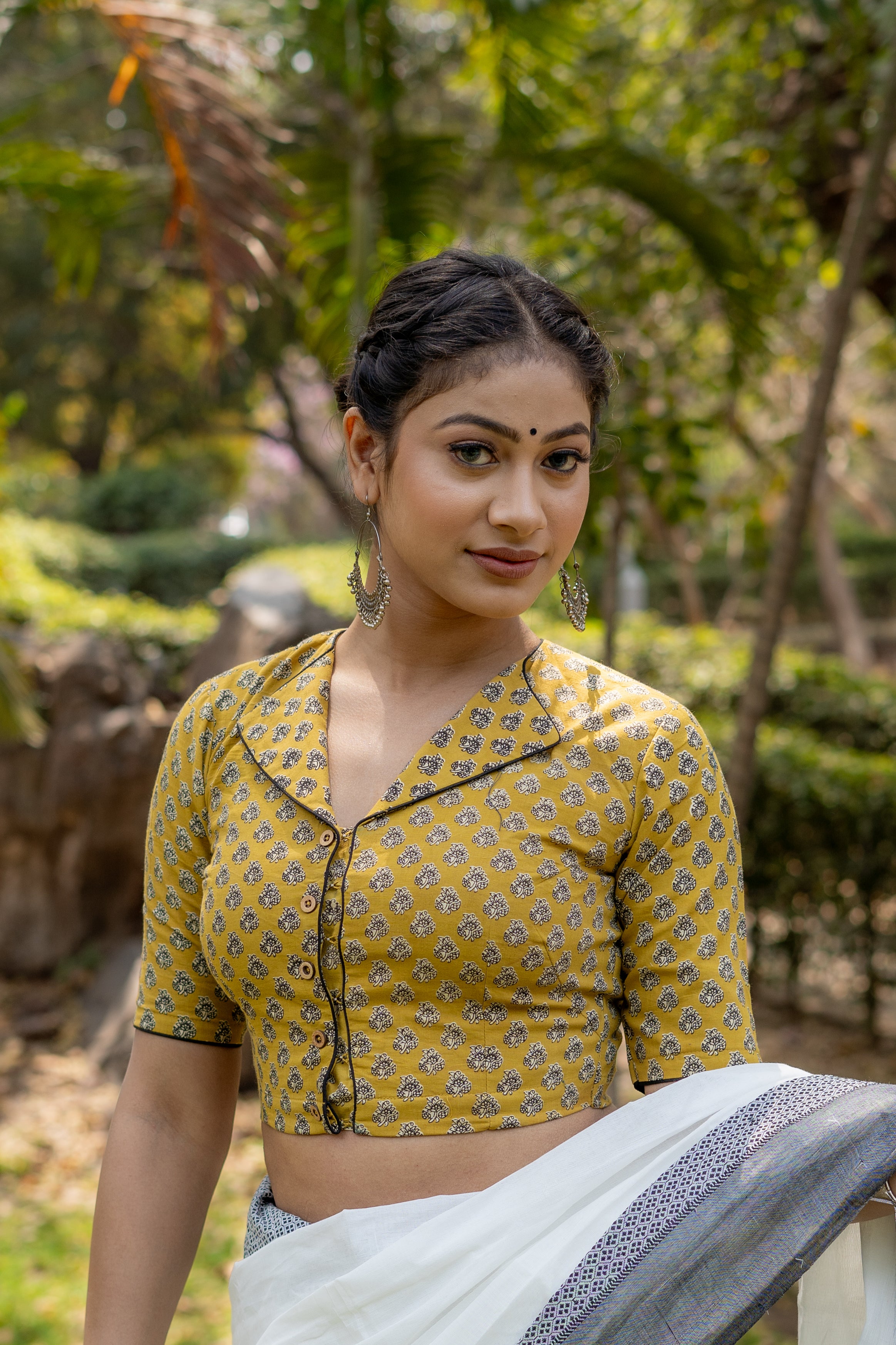 Mustard bagru booti handblock print collar with V-neck cotton blouse