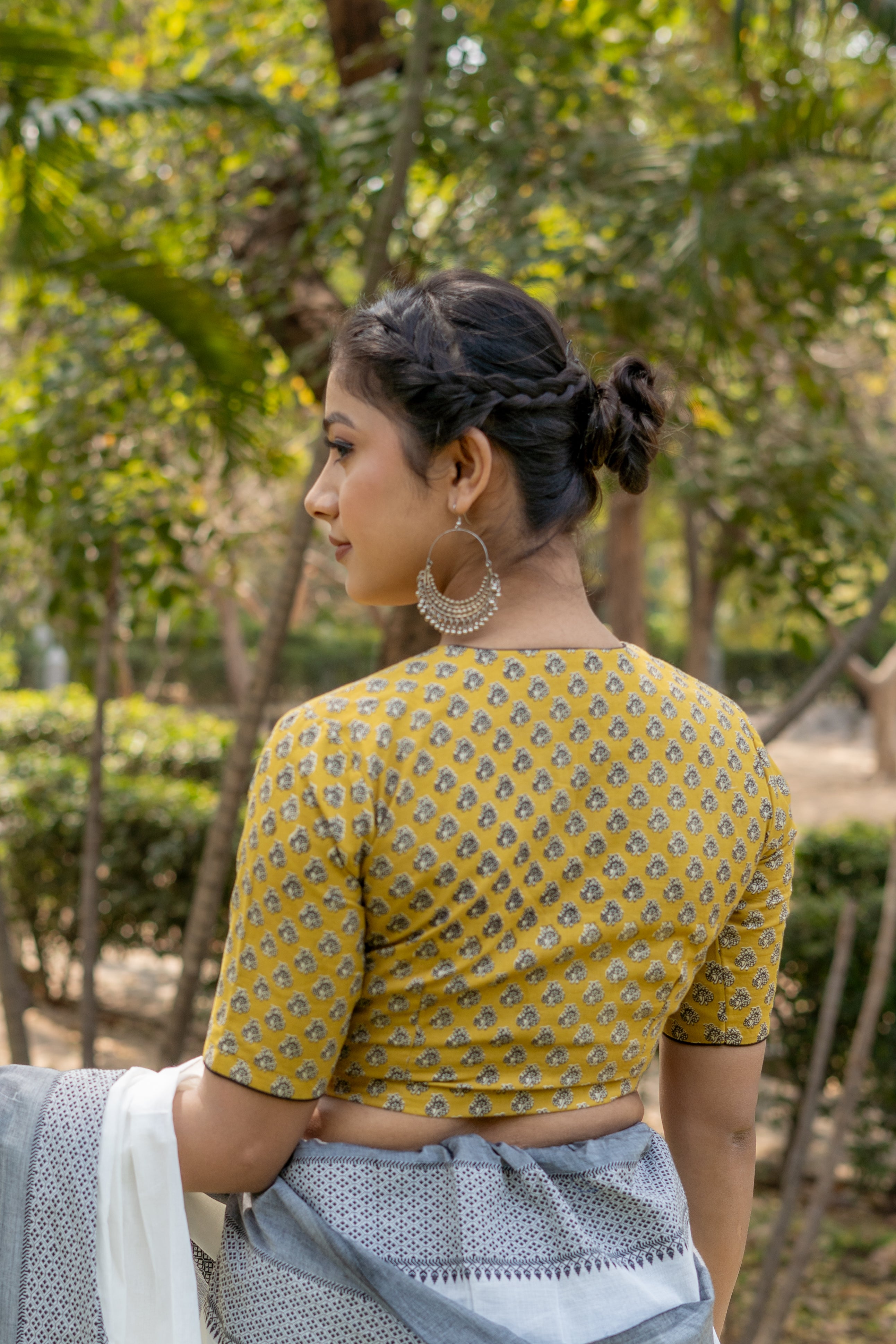 Mustard bagru booti handblock print collar with V-neck cotton blouse