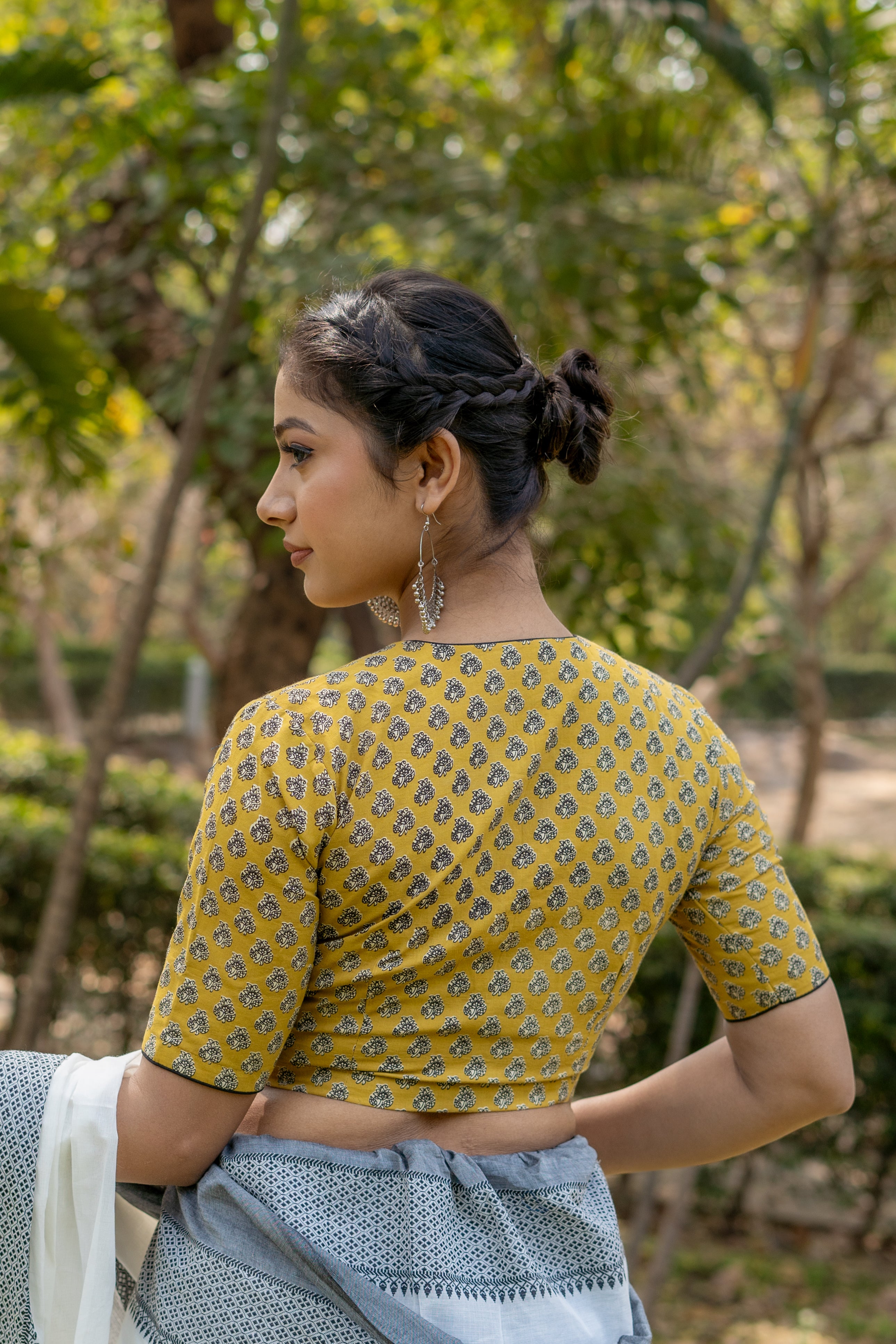 Mustard bagru booti handblock print collar with V-neck cotton blouse