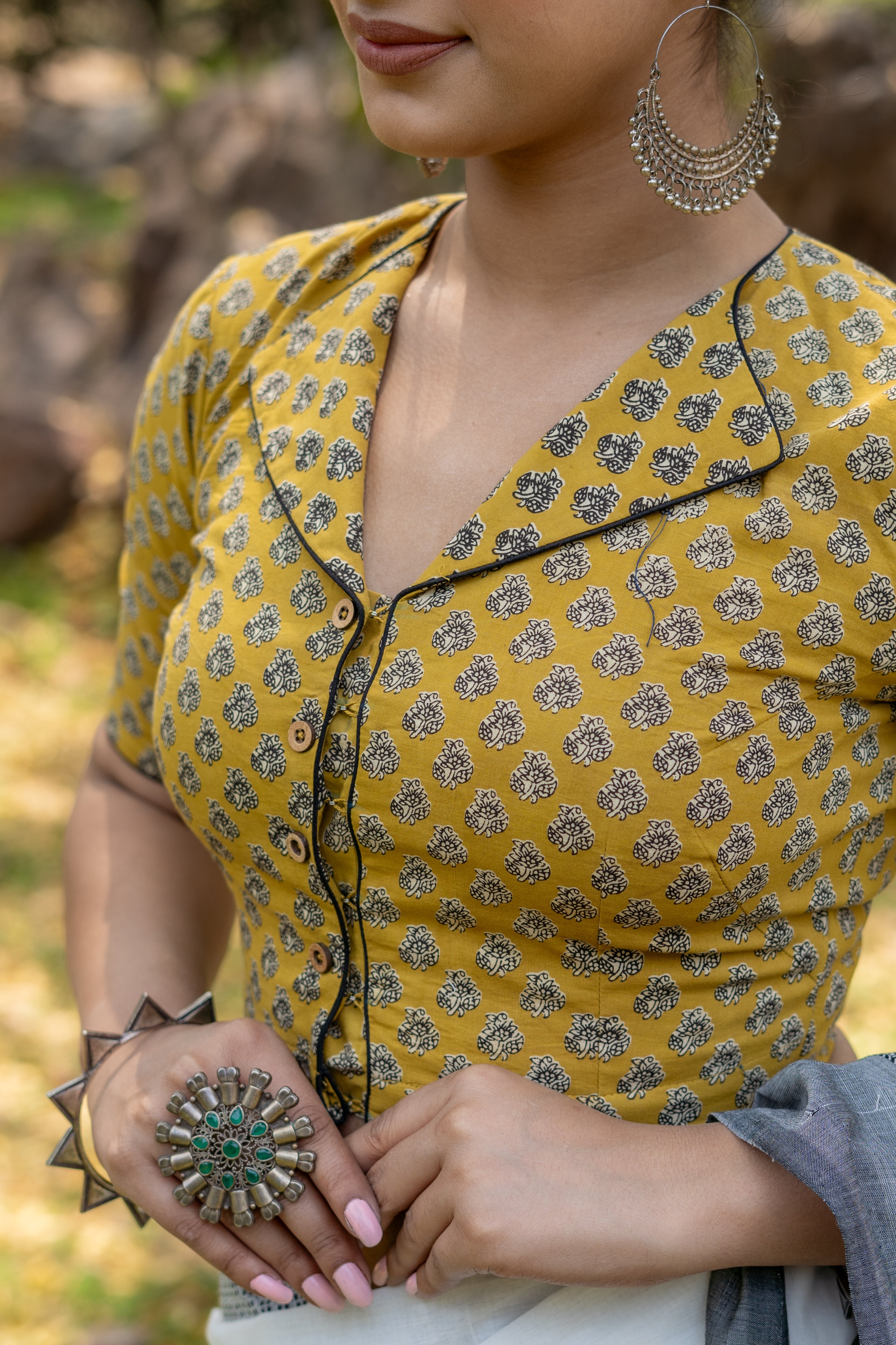 Mustard bagru booti handblock print collar with V-neck cotton blouse
