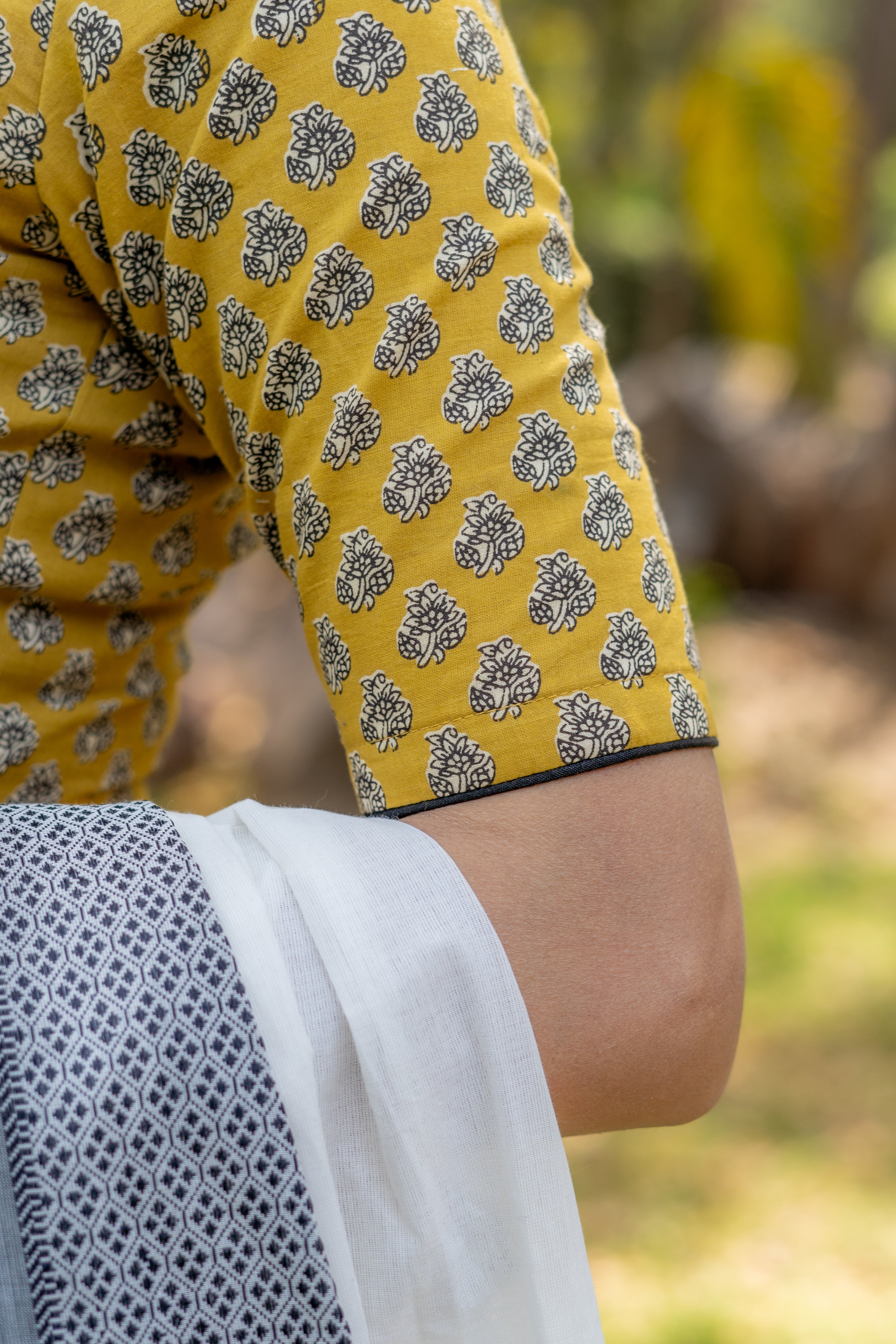 Mustard bagru booti handblock print collar with V-neck cotton blouse