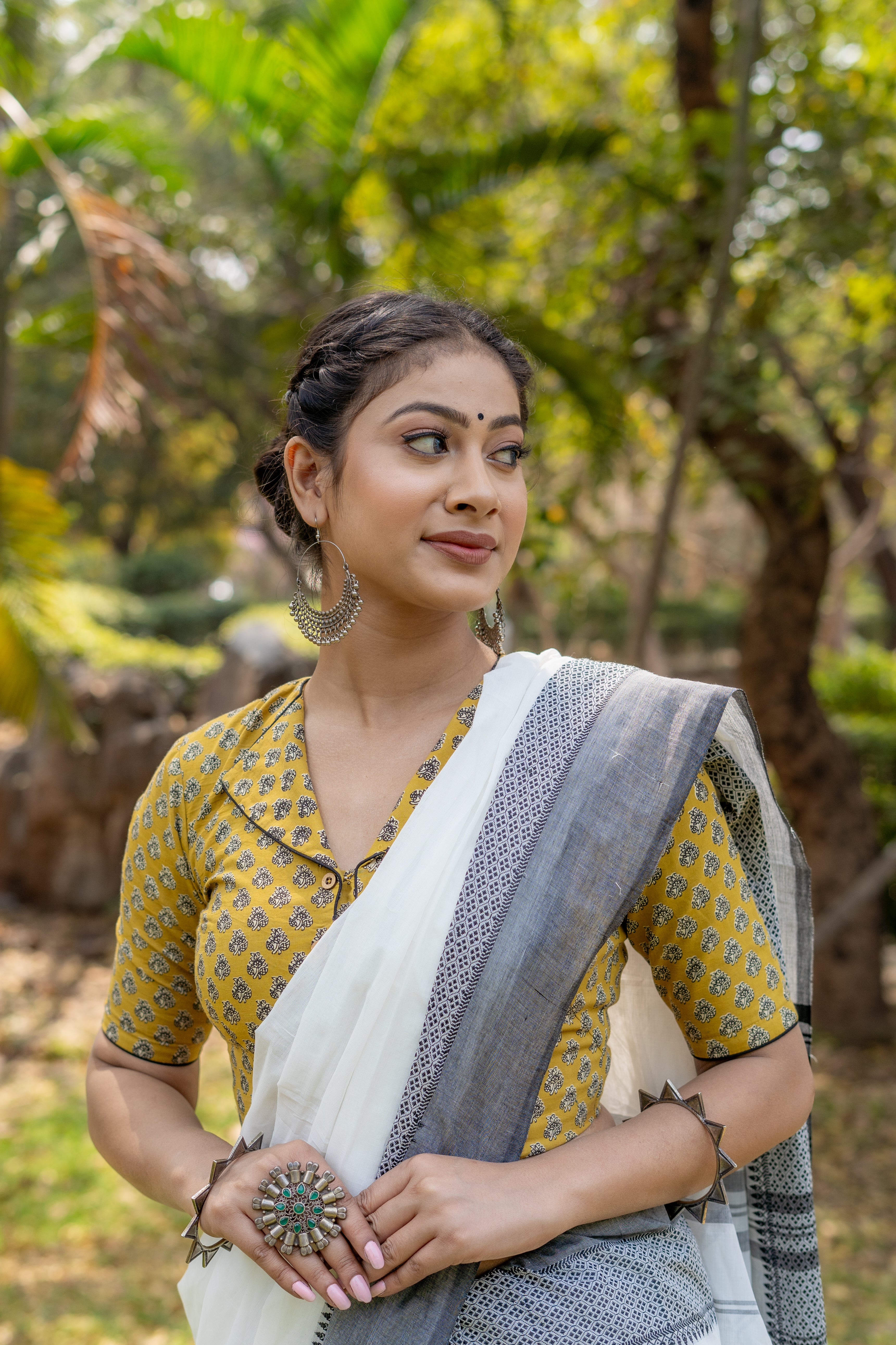 Mustard bagru booti handblock print collar with V-neck cotton blouse