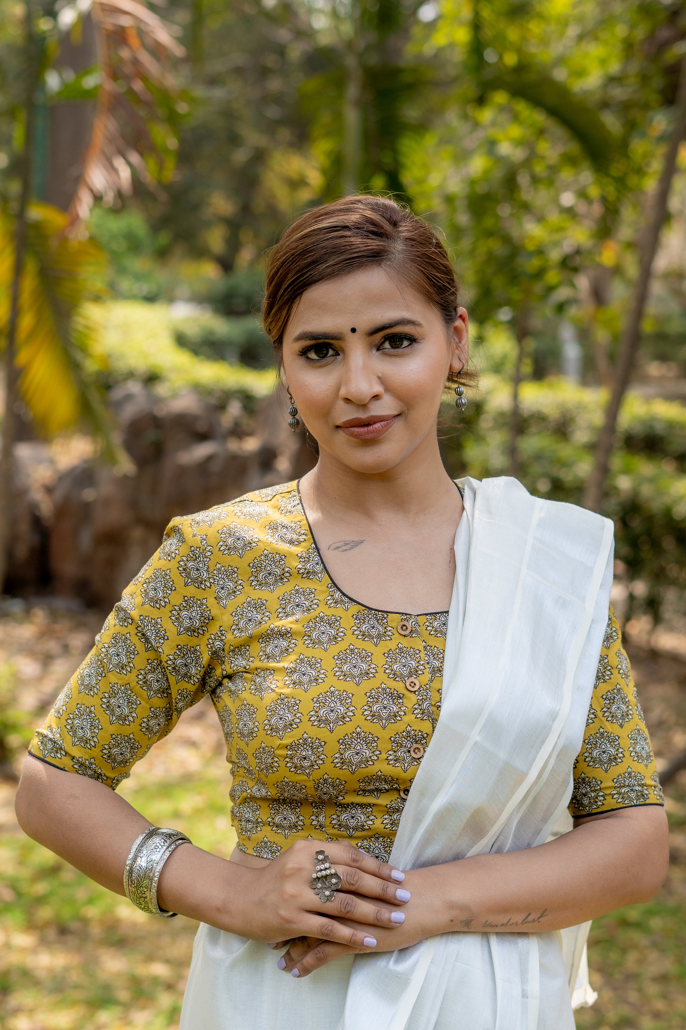Mustard bagru handblock booti round neck cotton blouse with black piping