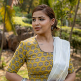 Mustard bagru handblock booti round neck cotton blouse with black piping