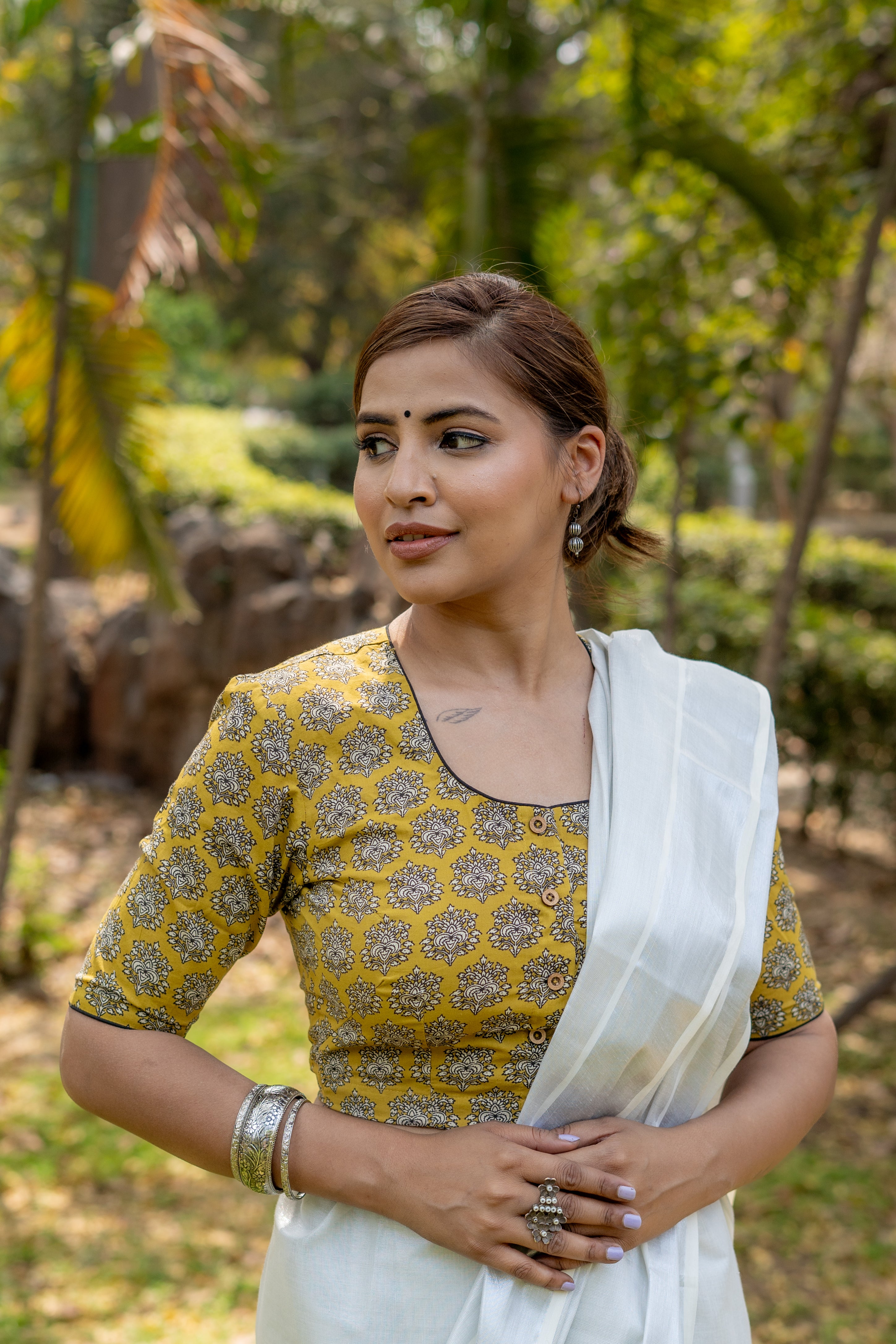 Mustard bagru handblock booti round neck cotton blouse with black piping