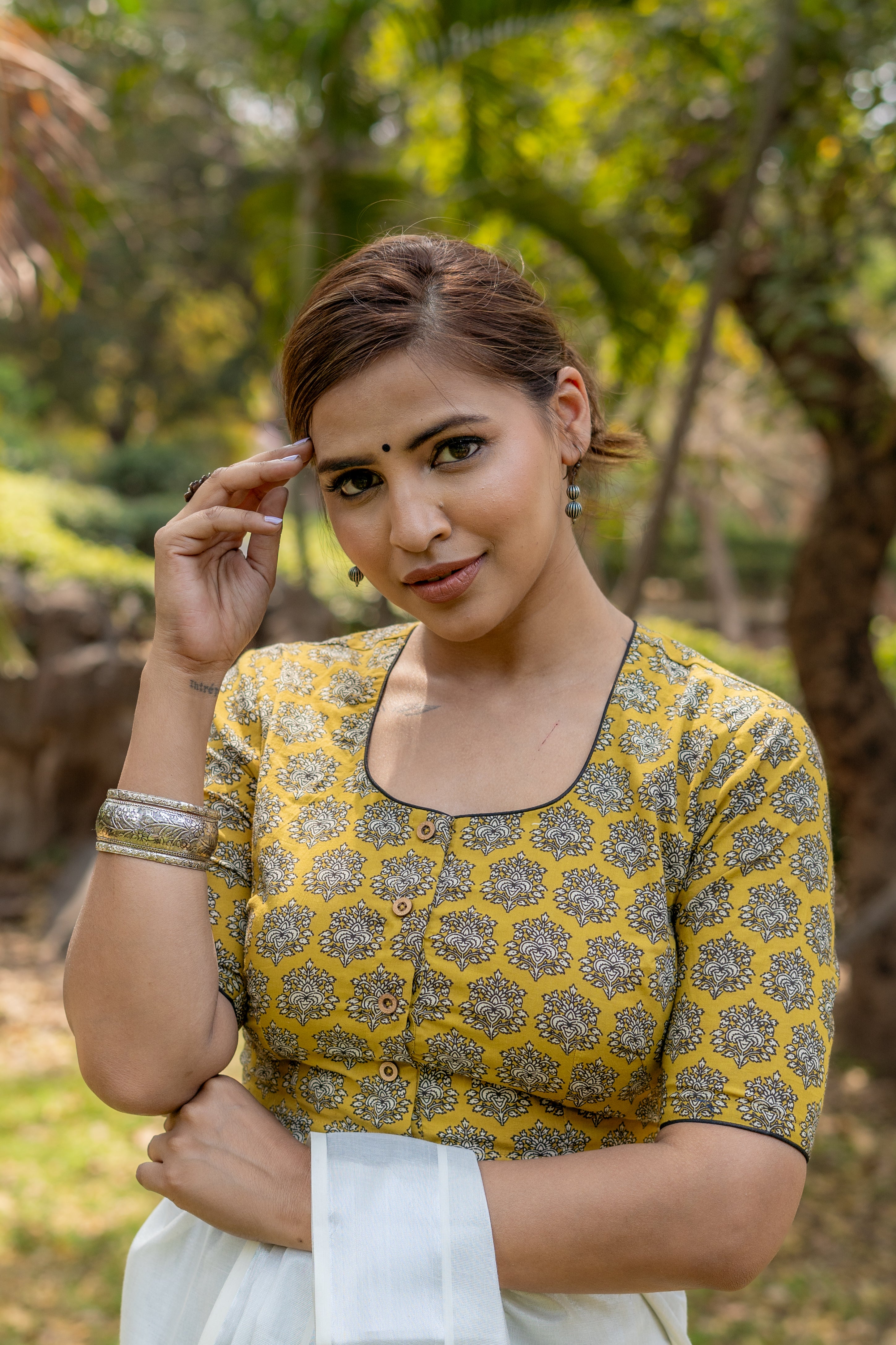 Mustard bagru handblock booti round neck cotton blouse with black piping