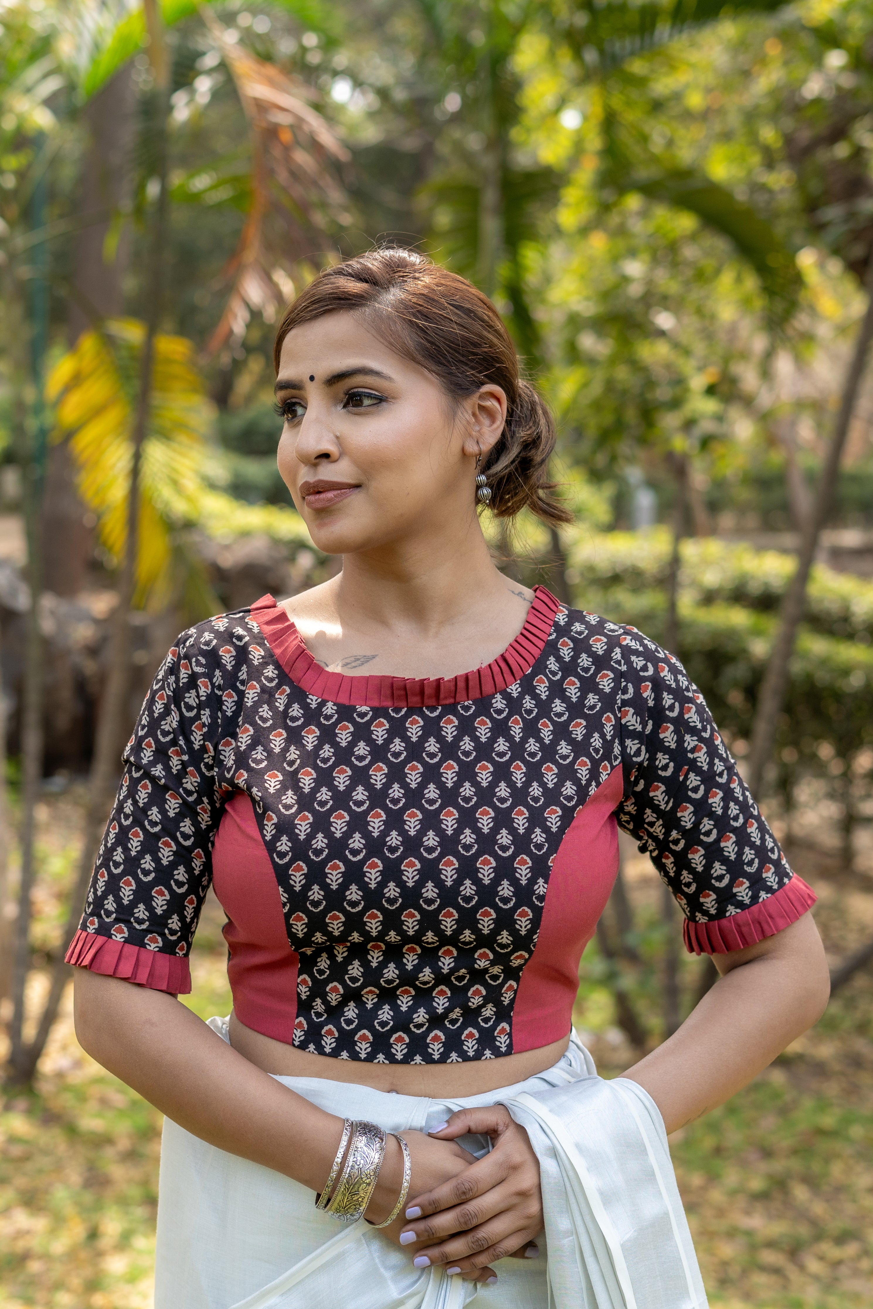 Black and red handblock booti print round neck cotton blouse with frills on neck and sleeves
