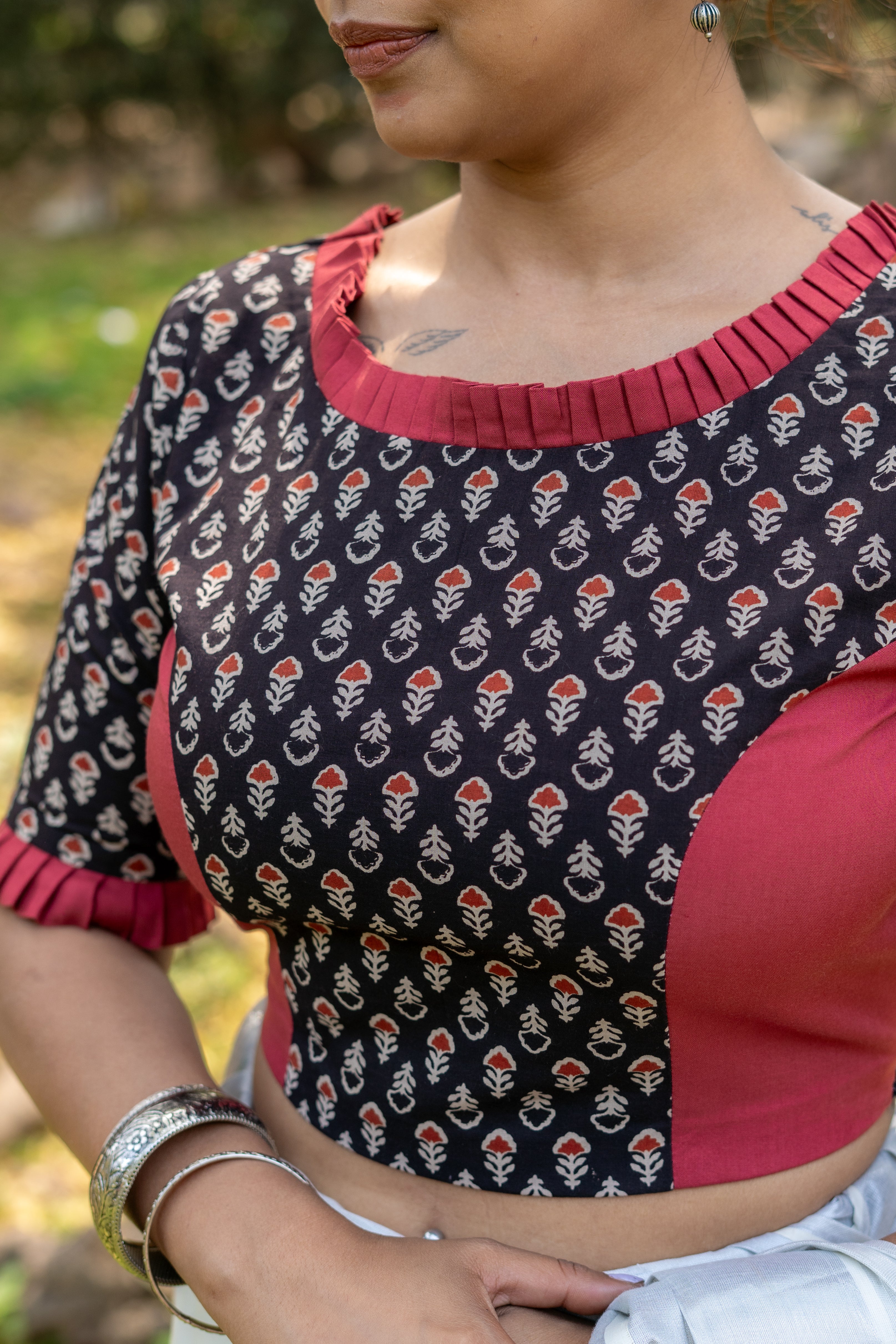 Black and red handblock booti print round neck cotton blouse with frills on neck and sleeves