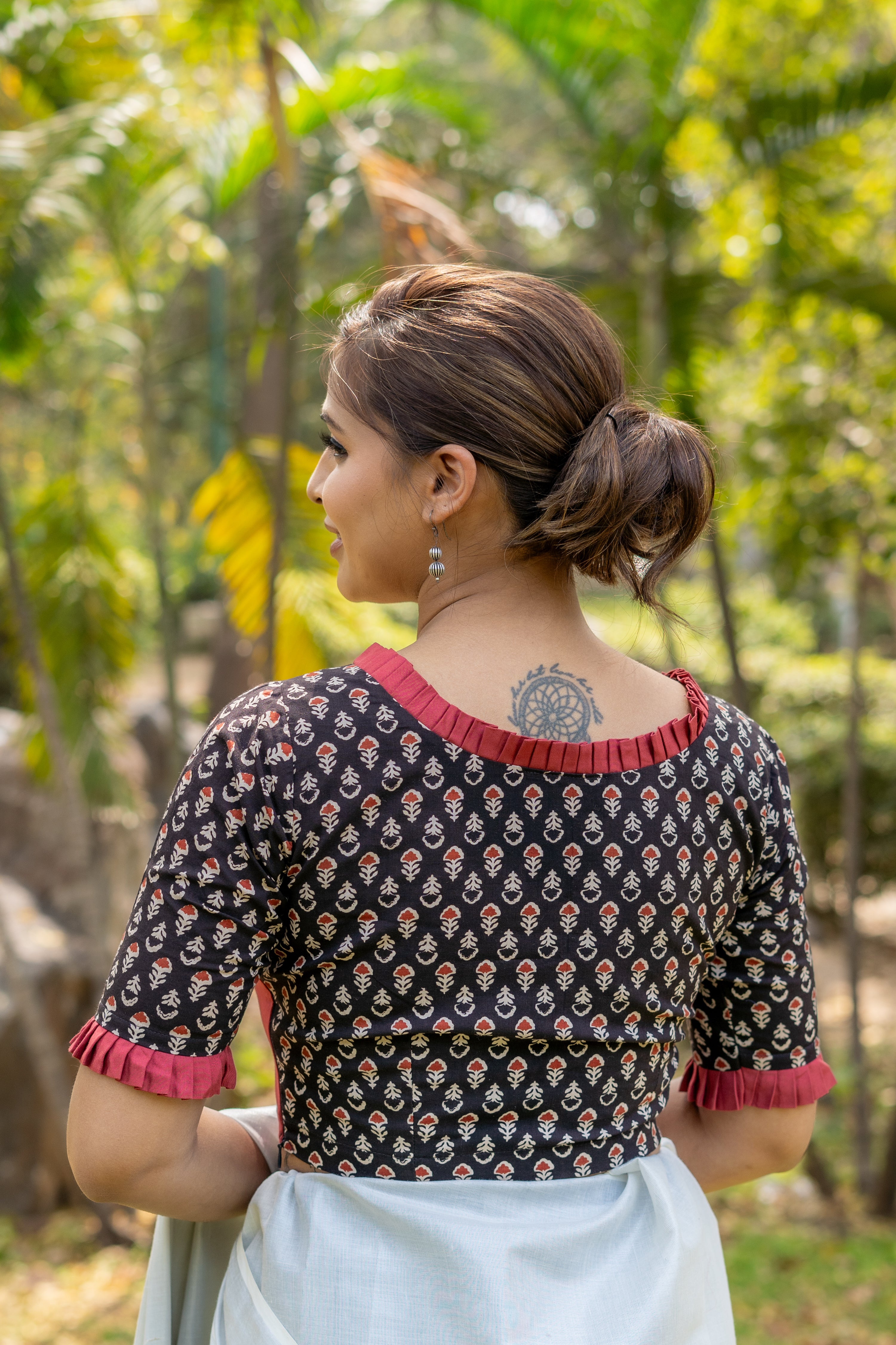 Black and red handblock booti print round neck cotton blouse with frills on neck and sleeves
