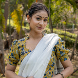 Mustard with blue floral handblock print stand up collar with diamond neck cotton blouse with sleeves