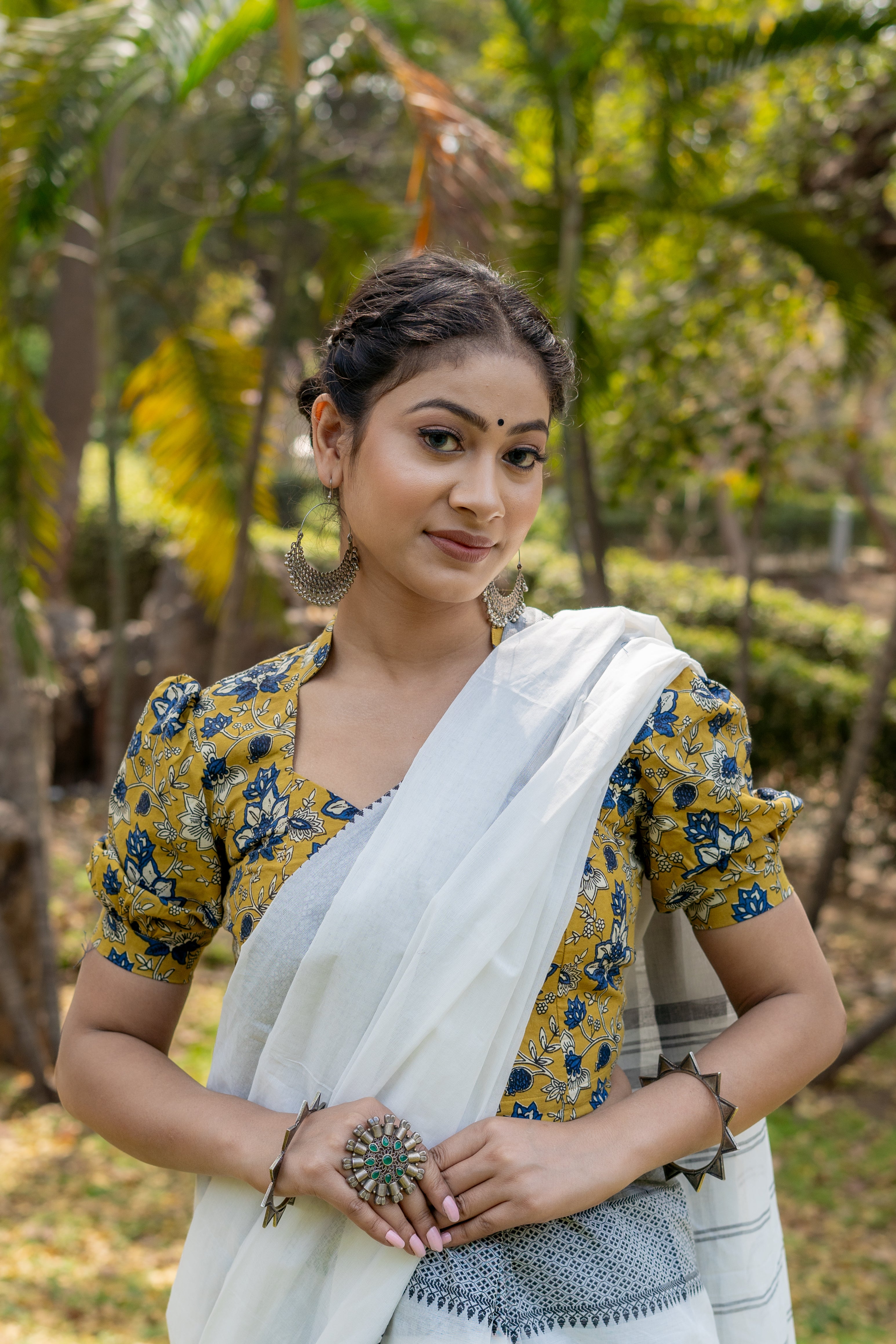Mustard with blue floral handblock print stand up collar with diamond neck cotton blouse with sleeves