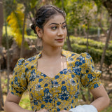 Mustard with blue floral handblock print stand up collar with diamond neck cotton blouse with sleeves