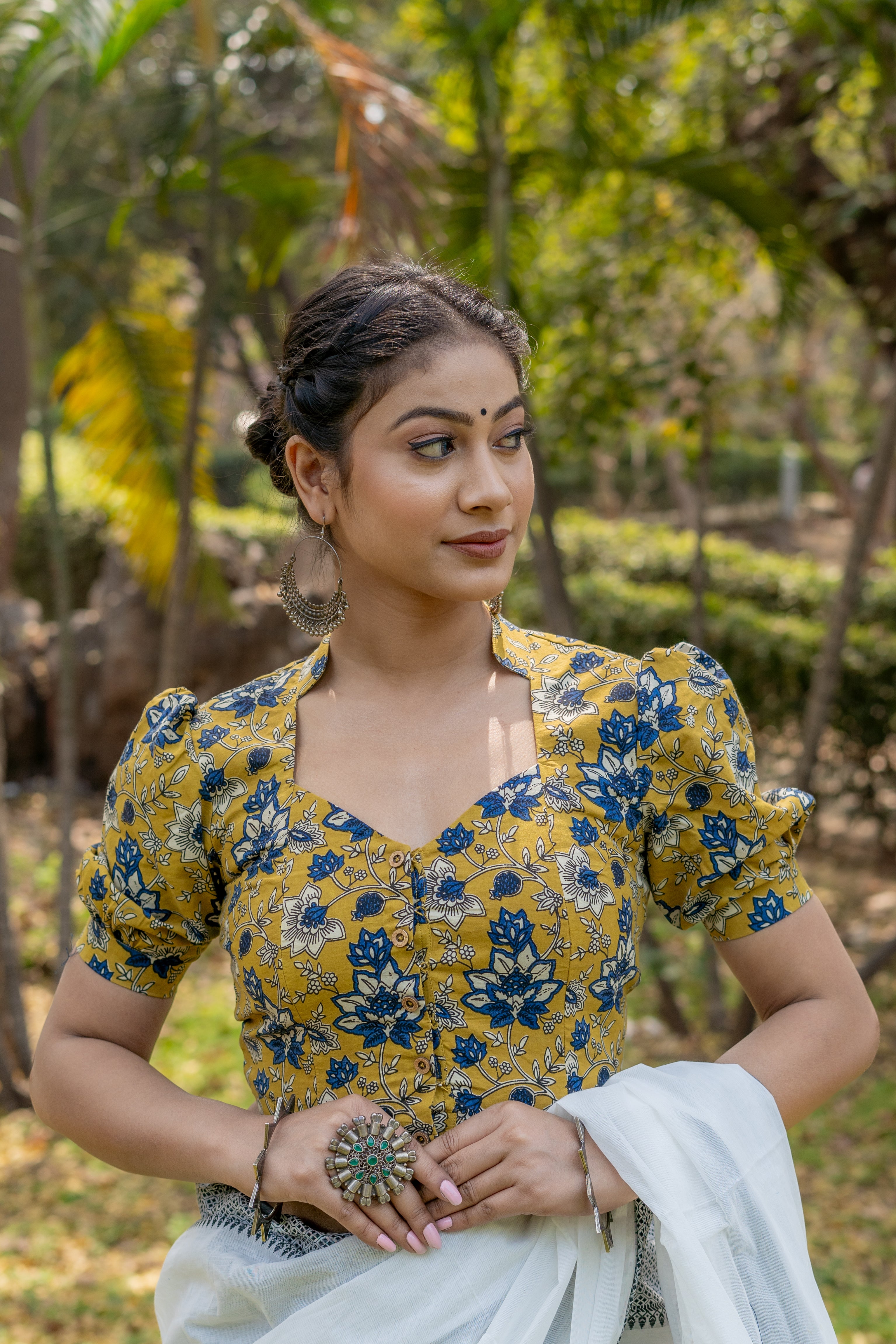 Mustard with blue floral handblock print stand up collar with diamond neck cotton blouse with sleeves