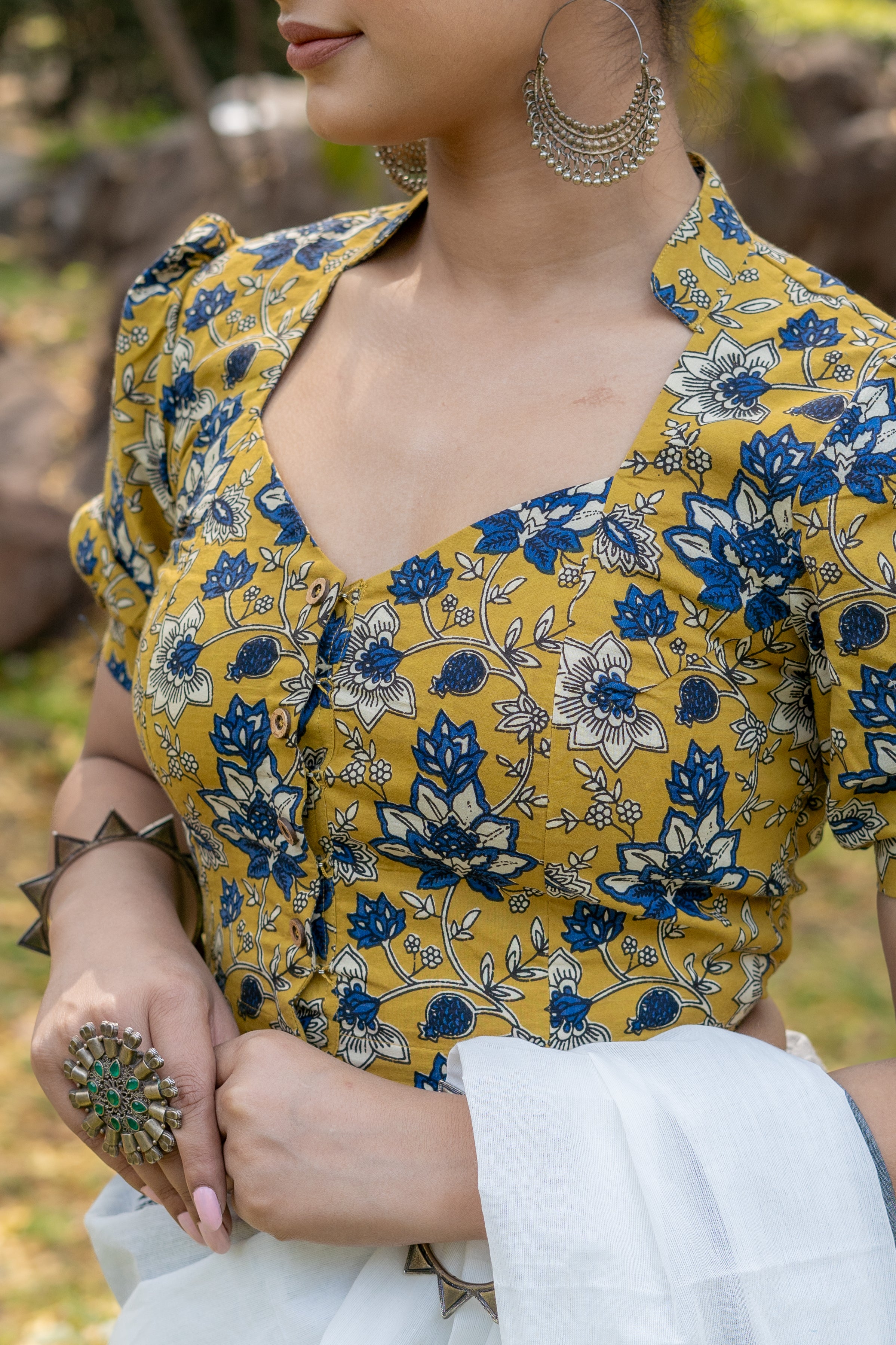 Mustard with blue floral handblock print stand up collar with diamond neck cotton blouse with sleeves
