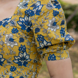 Mustard with blue floral handblock print stand up collar with diamond neck cotton blouse with sleeves