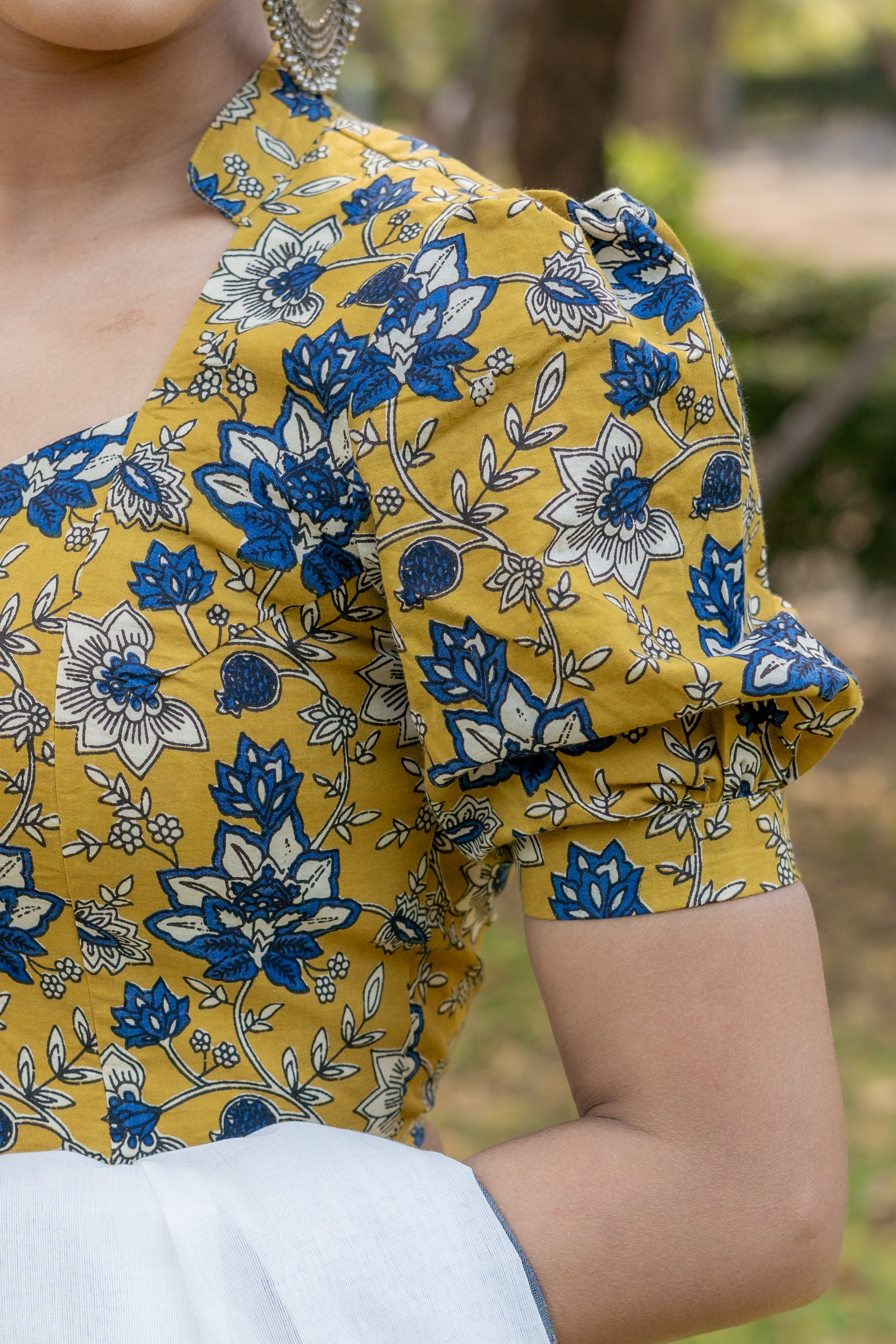 Mustard with blue floral handblock print stand up collar with diamond neck cotton blouse with sleeves