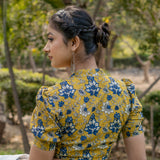 Mustard with blue floral handblock print stand up collar with diamond neck cotton blouse with sleeves