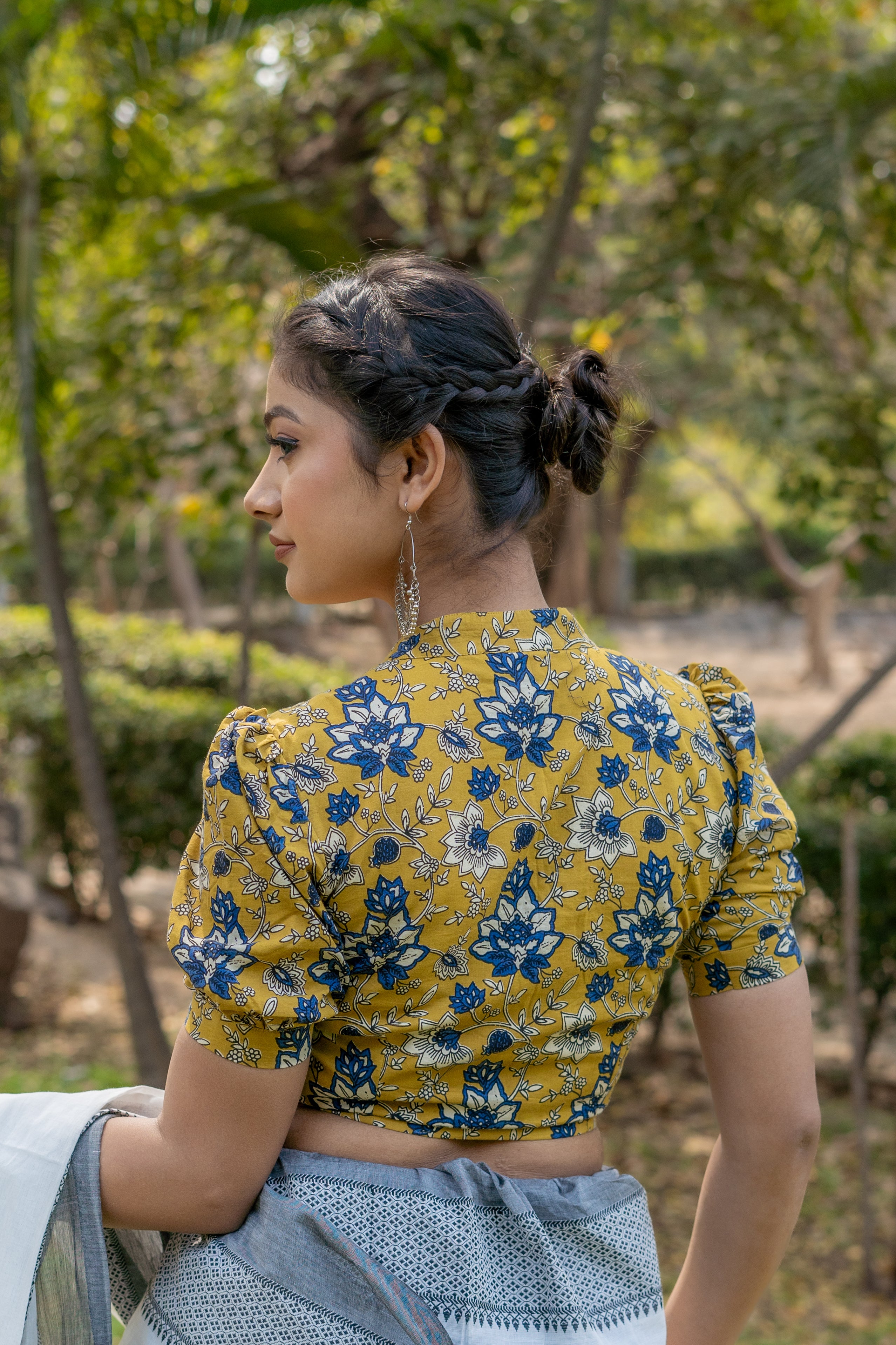 Mustard with blue floral handblock print stand up collar with diamond neck cotton blouse with sleeves