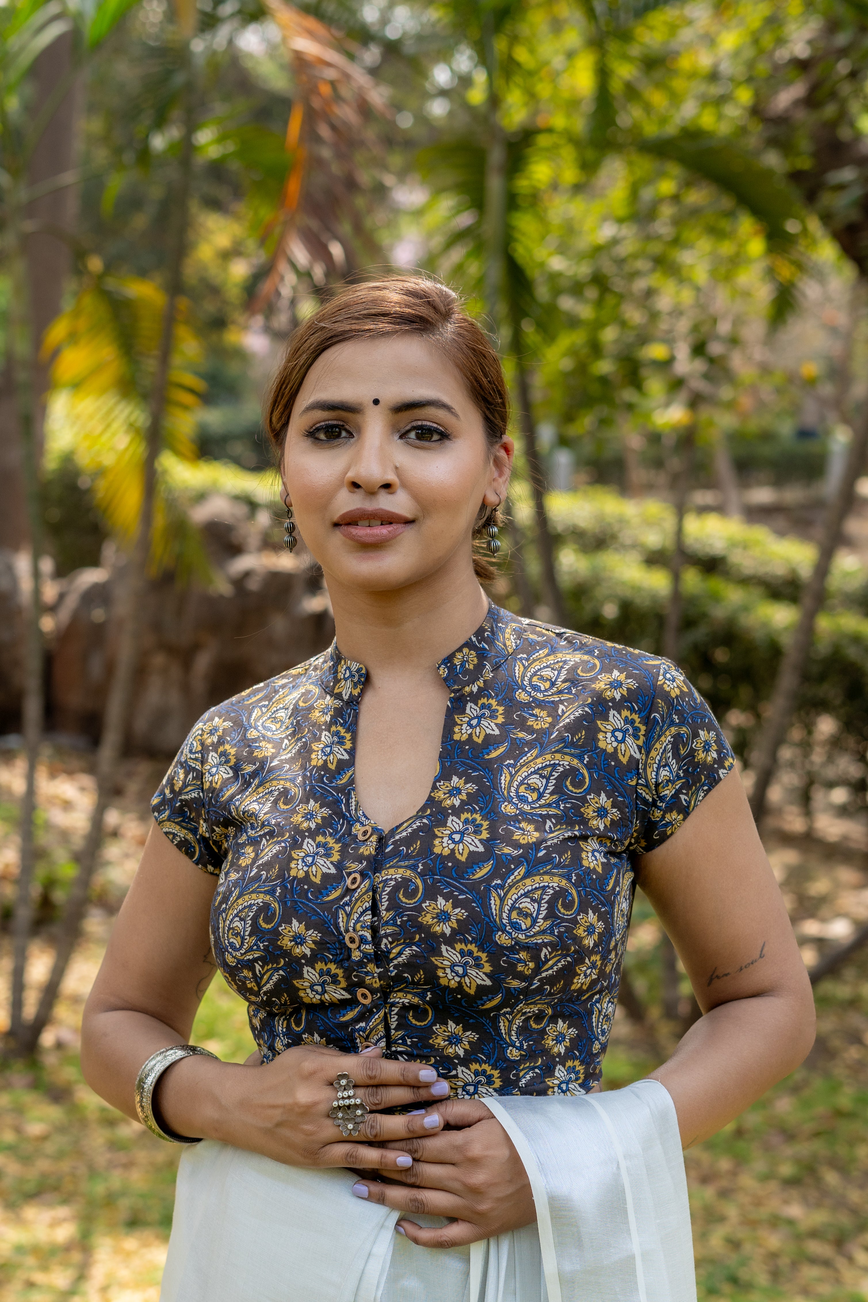 Black mustard kalamkari handblock print collared with u-neck cotton blouse with sleeeves