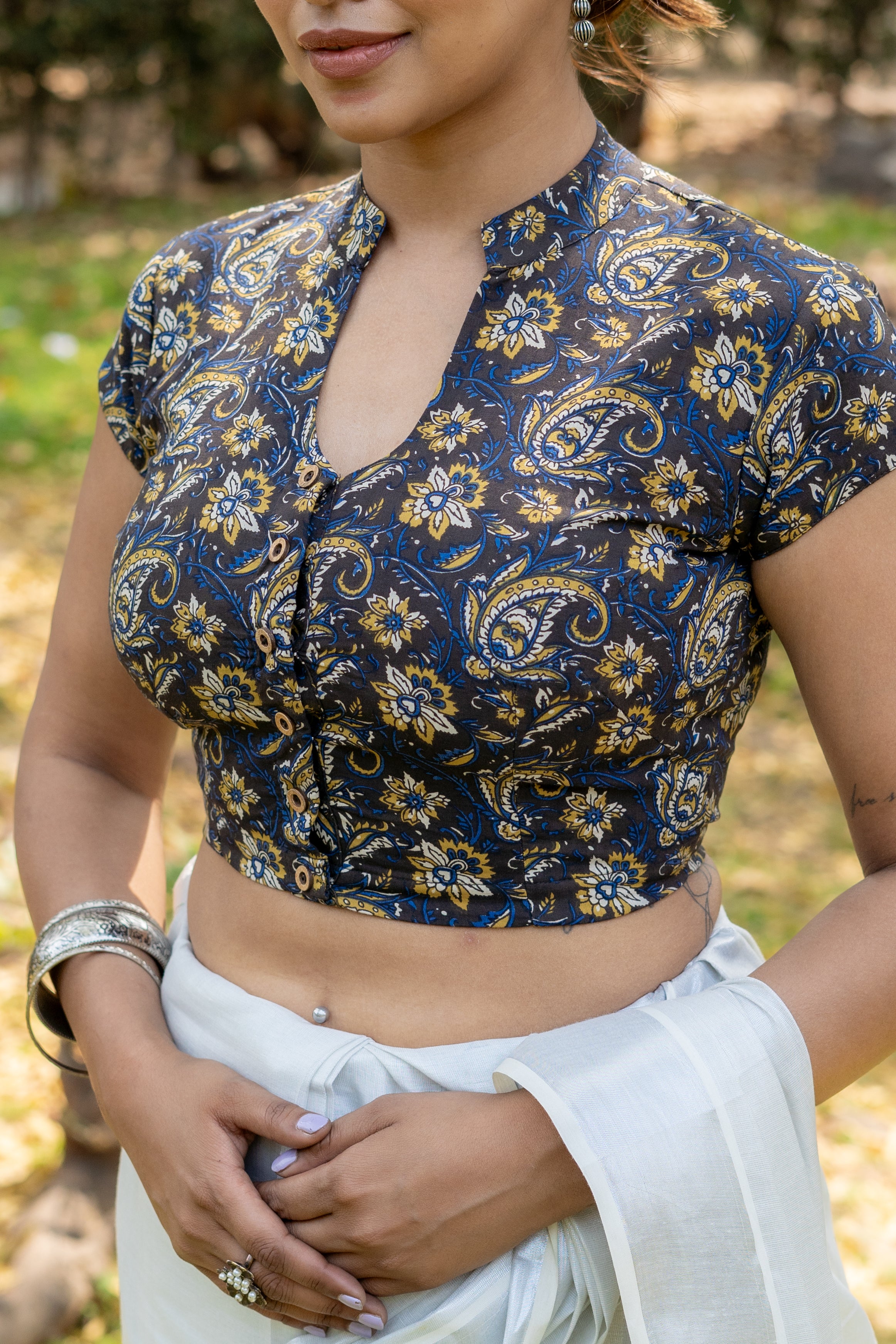 Black mustard kalamkari handblock print collared with u-neck cotton blouse with sleeeves