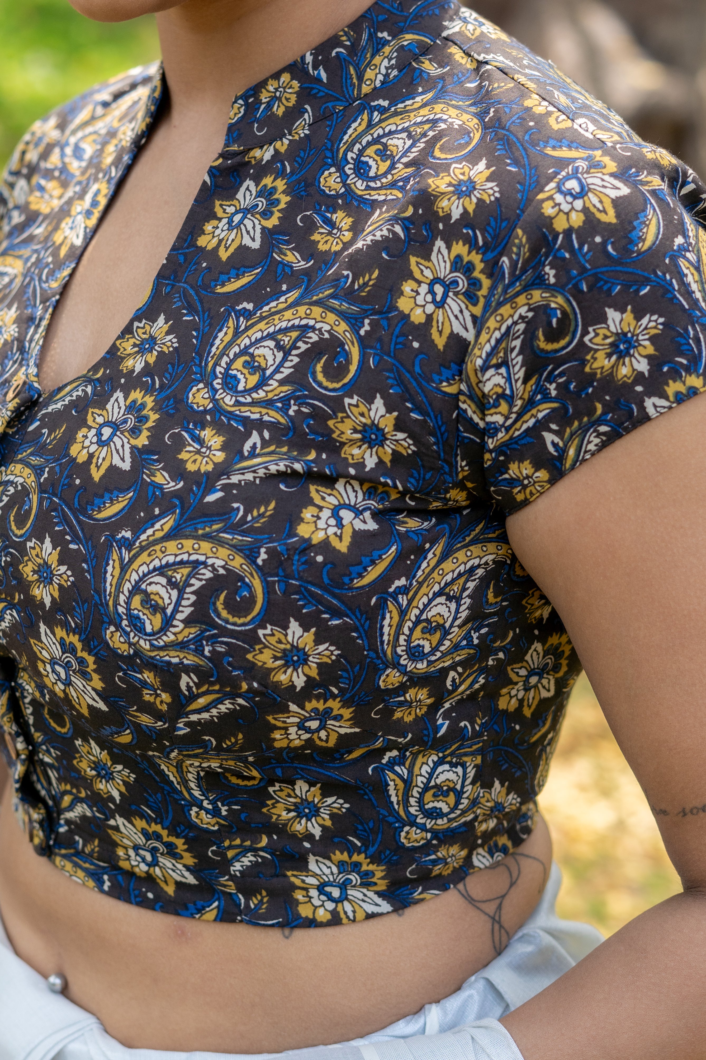 Black mustard kalamkari handblock print collared with u-neck cotton blouse with sleeeves