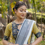 Black kalamkari and Mustard booti crew neck keyholed cotton blouse with sleeves