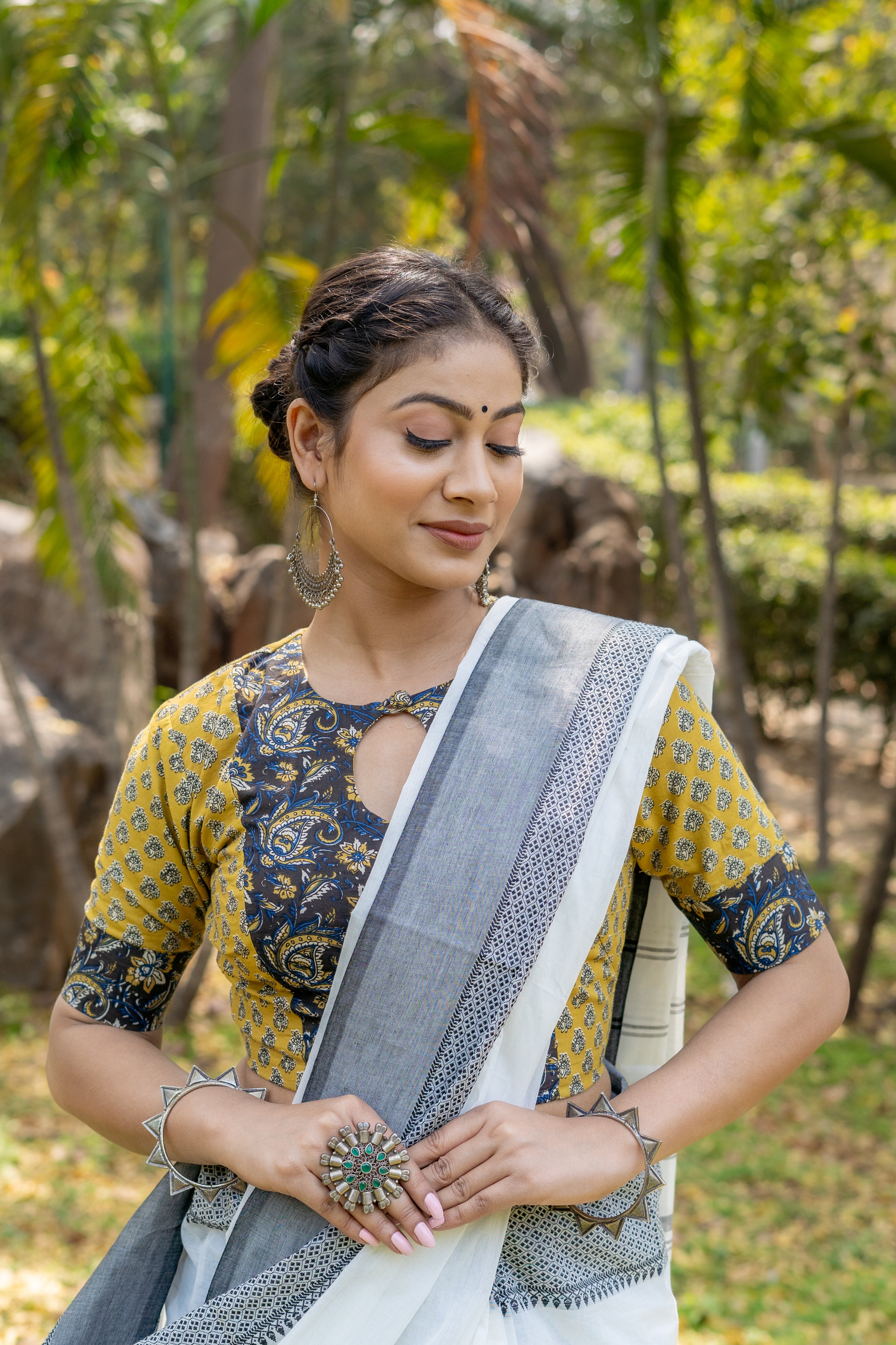 Black kalamkari and Mustard booti crew neck keyholed cotton blouse with sleeves