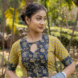 Black kalamkari and Mustard booti crew neck keyholed cotton blouse with sleeves