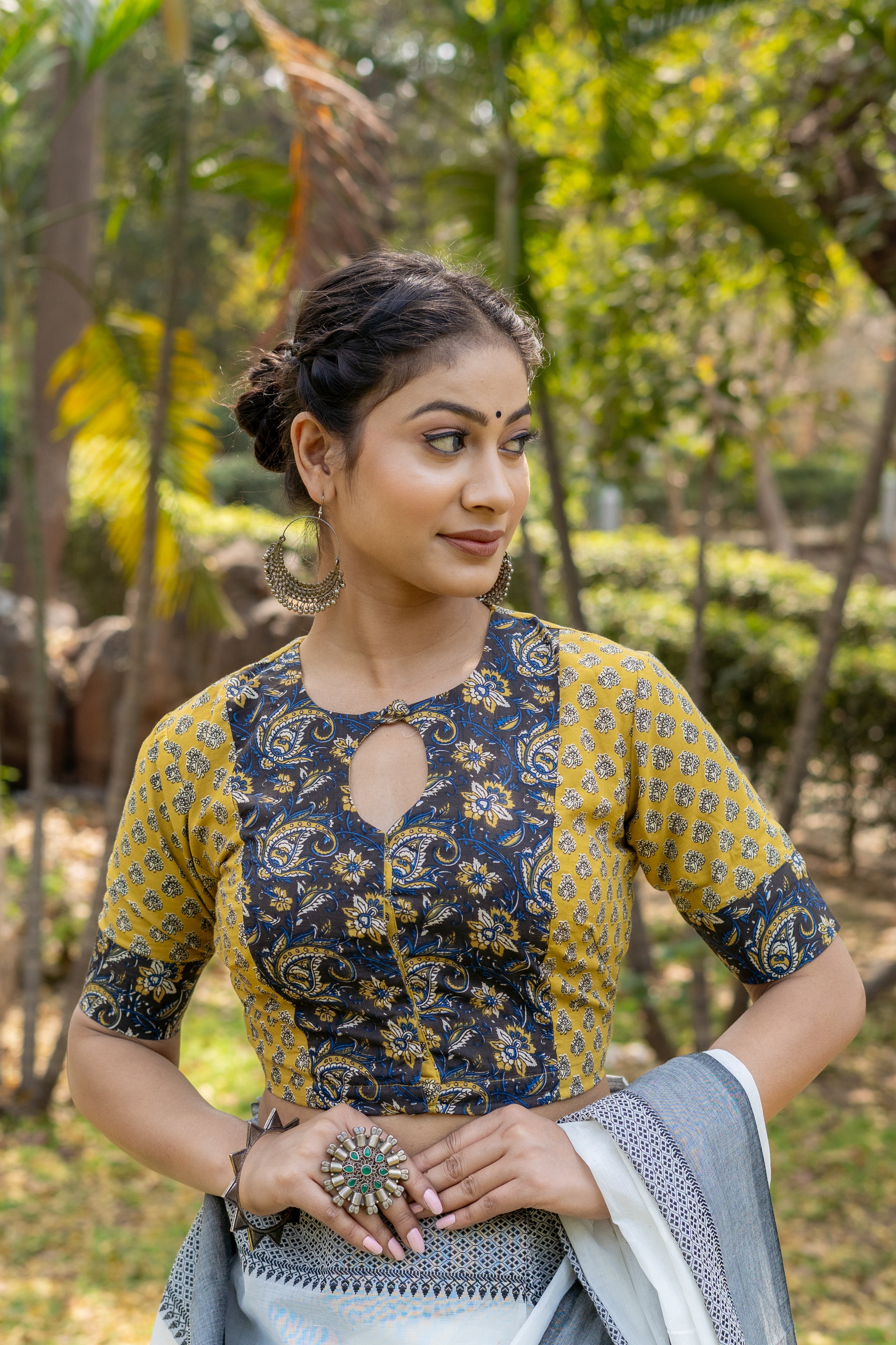 Black kalamkari and Mustard booti crew neck keyholed cotton blouse with sleeves