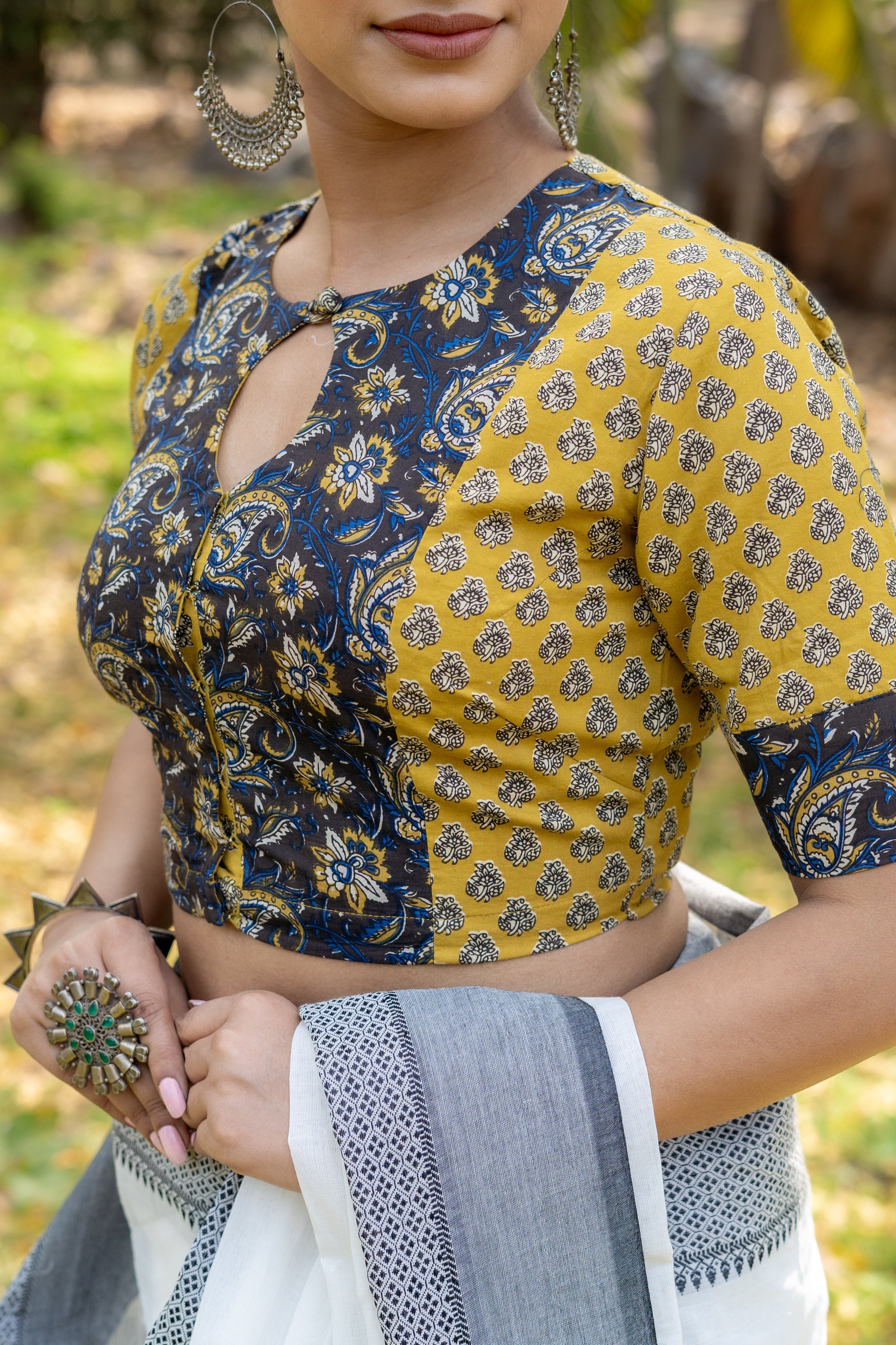 Black kalamkari and Mustard booti crew neck keyholed cotton blouse with sleeves