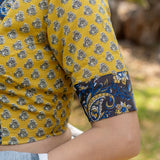 Black kalamkari and Mustard booti crew neck keyholed cotton blouse with sleeves