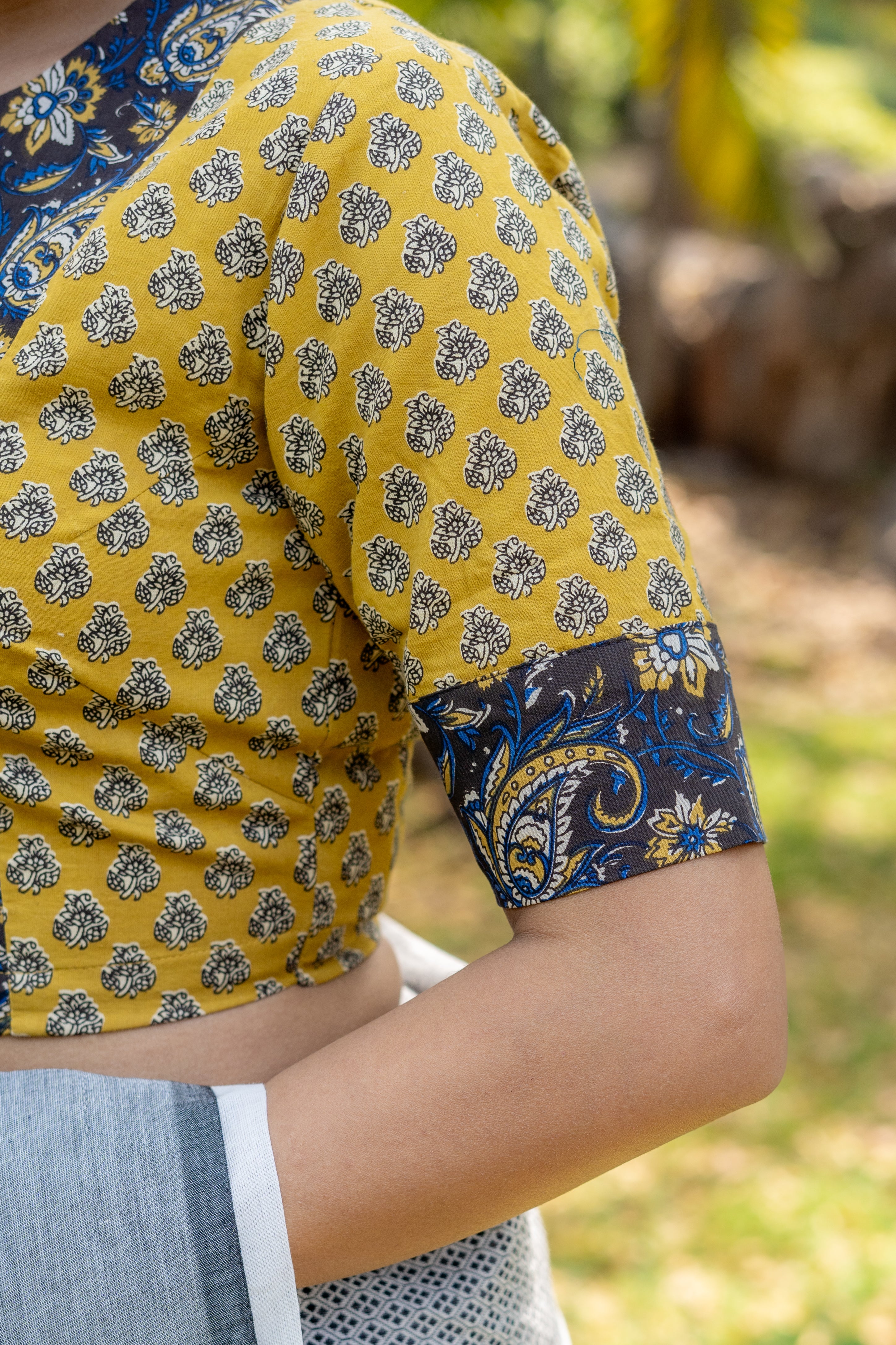 Black kalamkari and Mustard booti crew neck keyholed cotton blouse with sleeves