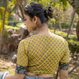 Black kalamkari and Mustard booti crew neck keyholed cotton blouse with sleeves