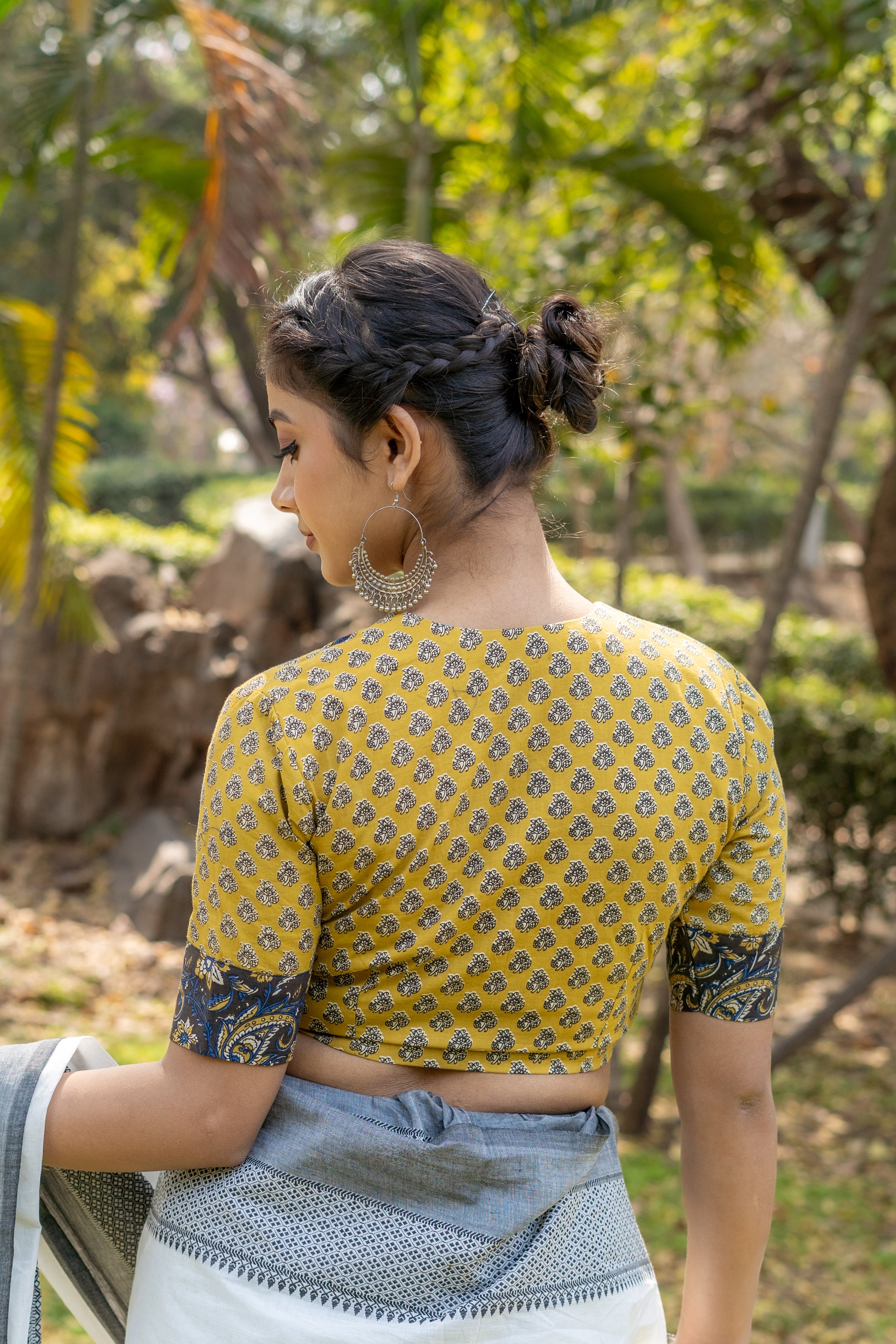 Black kalamkari and Mustard booti crew neck keyholed cotton blouse with sleeves