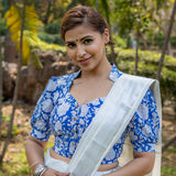 Blue sanganeri handblock print stand up collar diamond neck cotton blouse with baloon sleeves