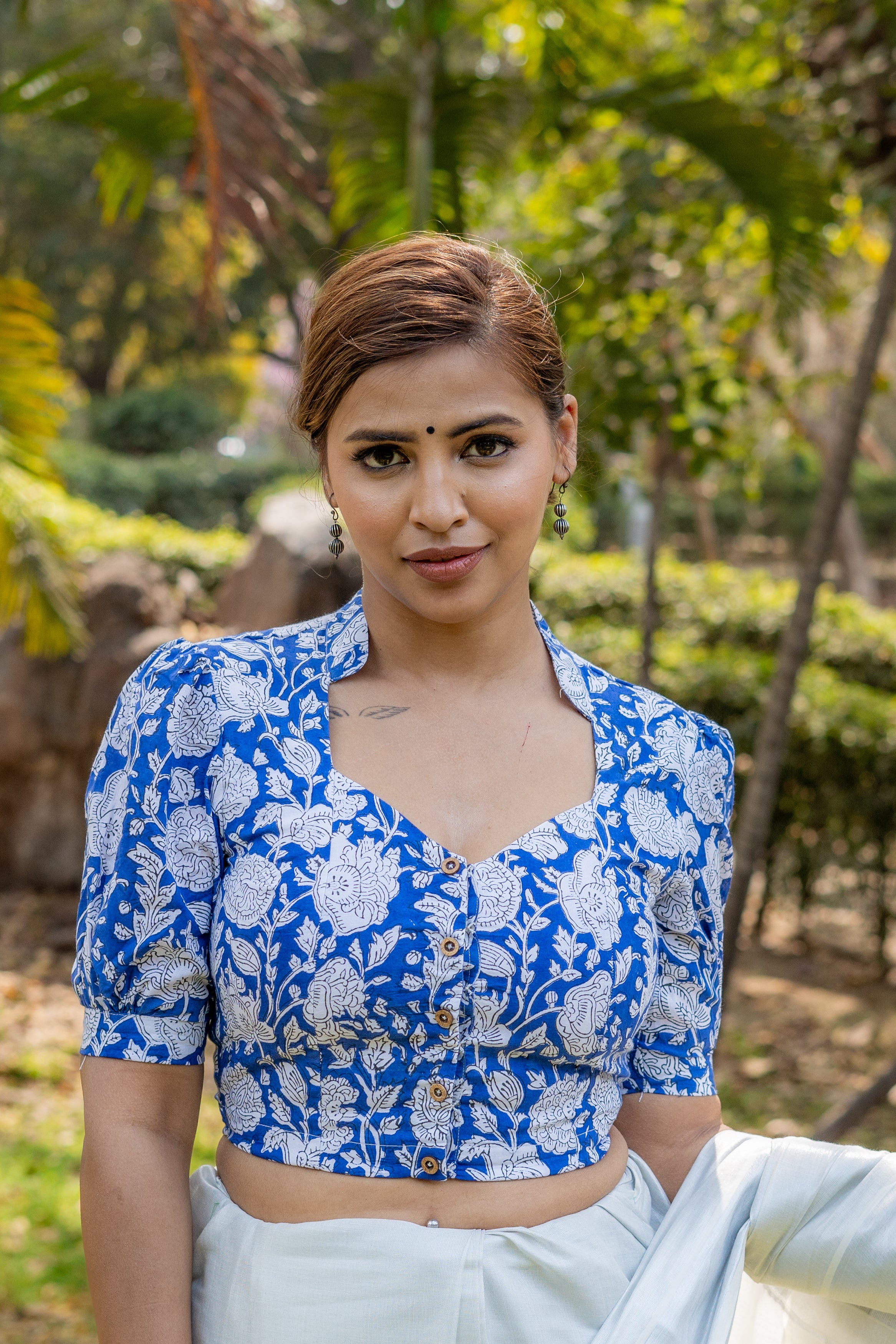 Blue sanganeri handblock print stand up collar diamond neck cotton blouse with baloon sleeves