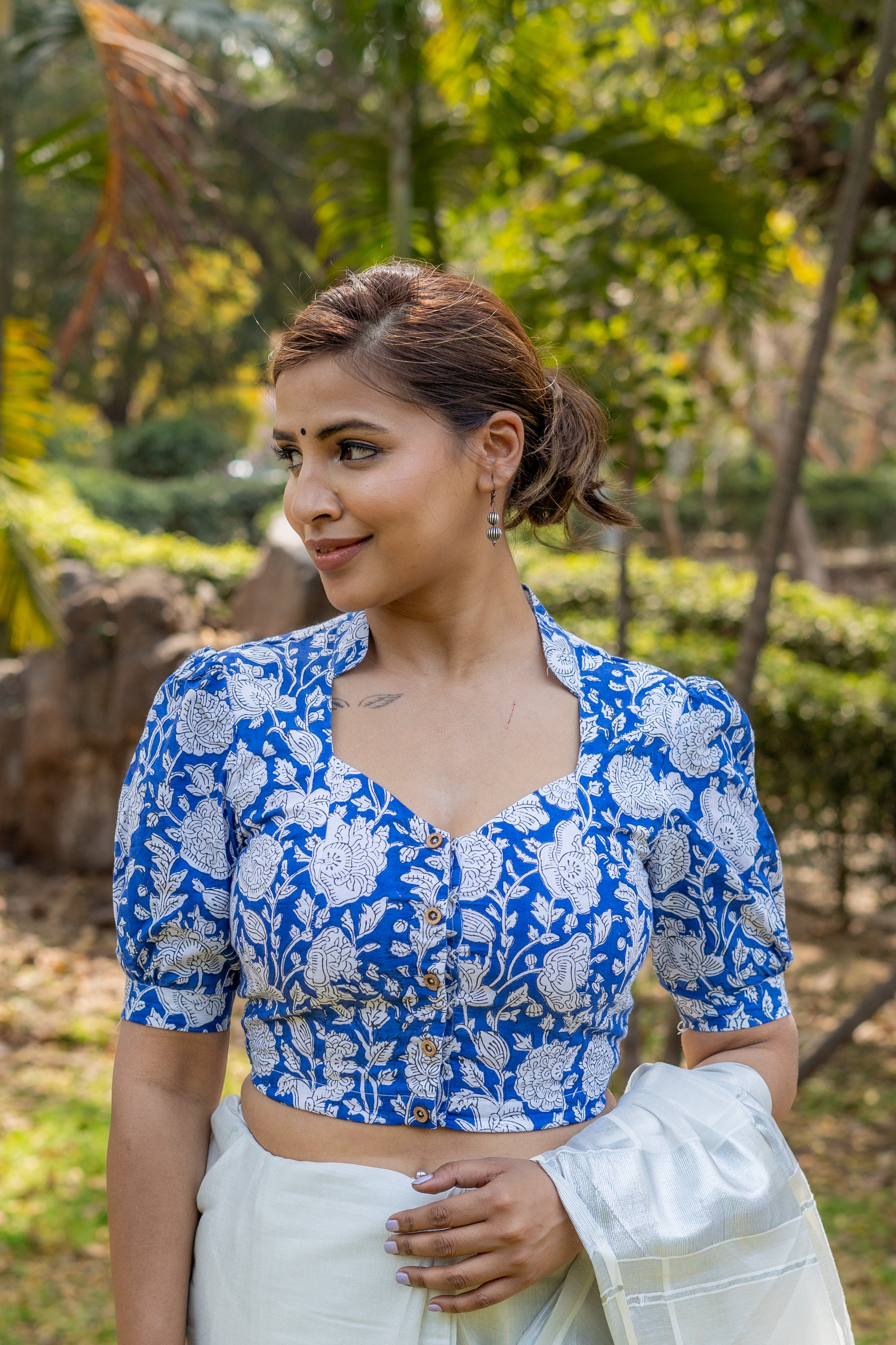 Blue sanganeri handblock print stand up collar diamond neck cotton blouse with baloon sleeves