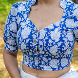 Blue sanganeri handblock print stand up collar diamond neck cotton blouse with baloon sleeves