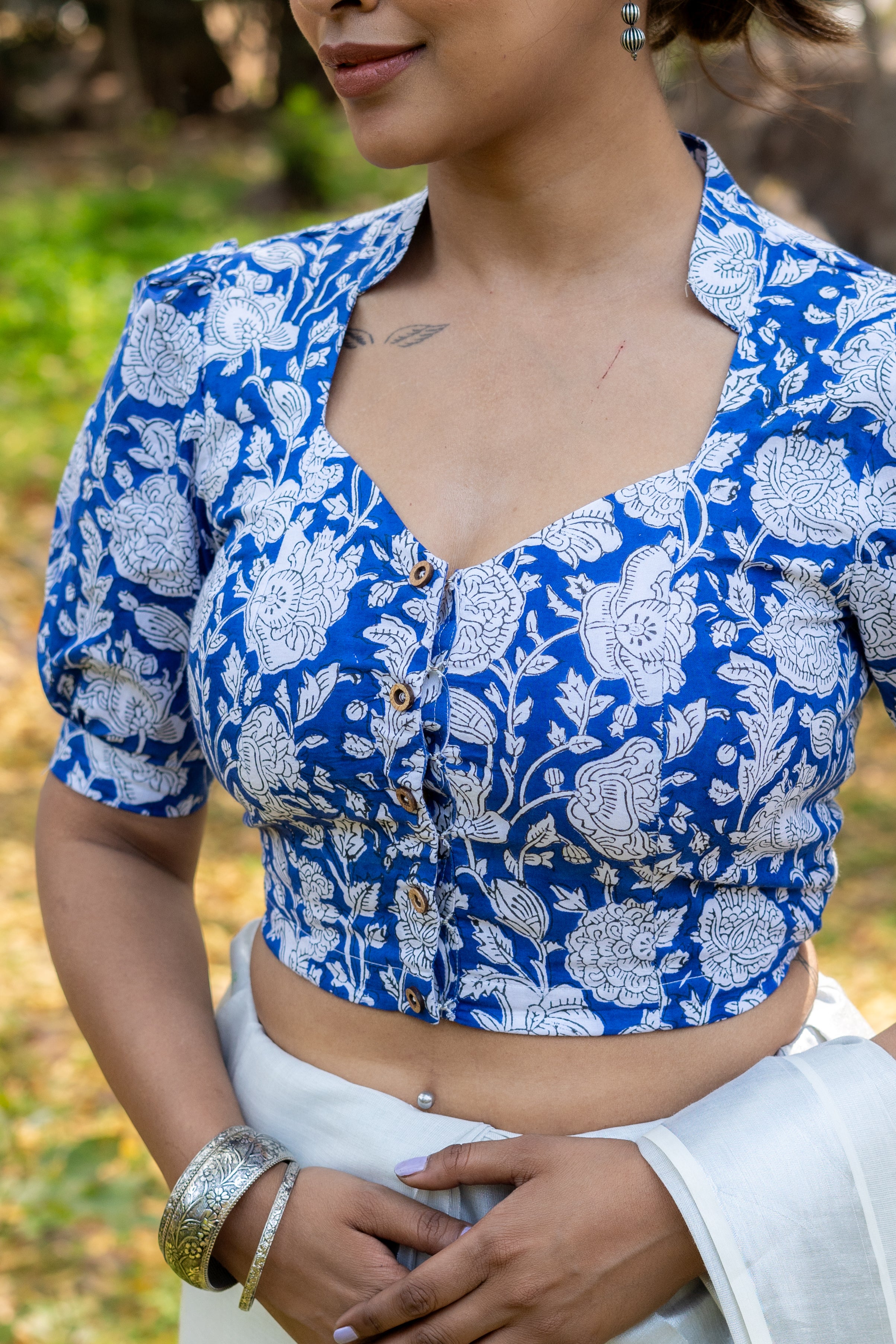 Blue sanganeri handblock print stand up collar diamond neck cotton blouse with baloon sleeves