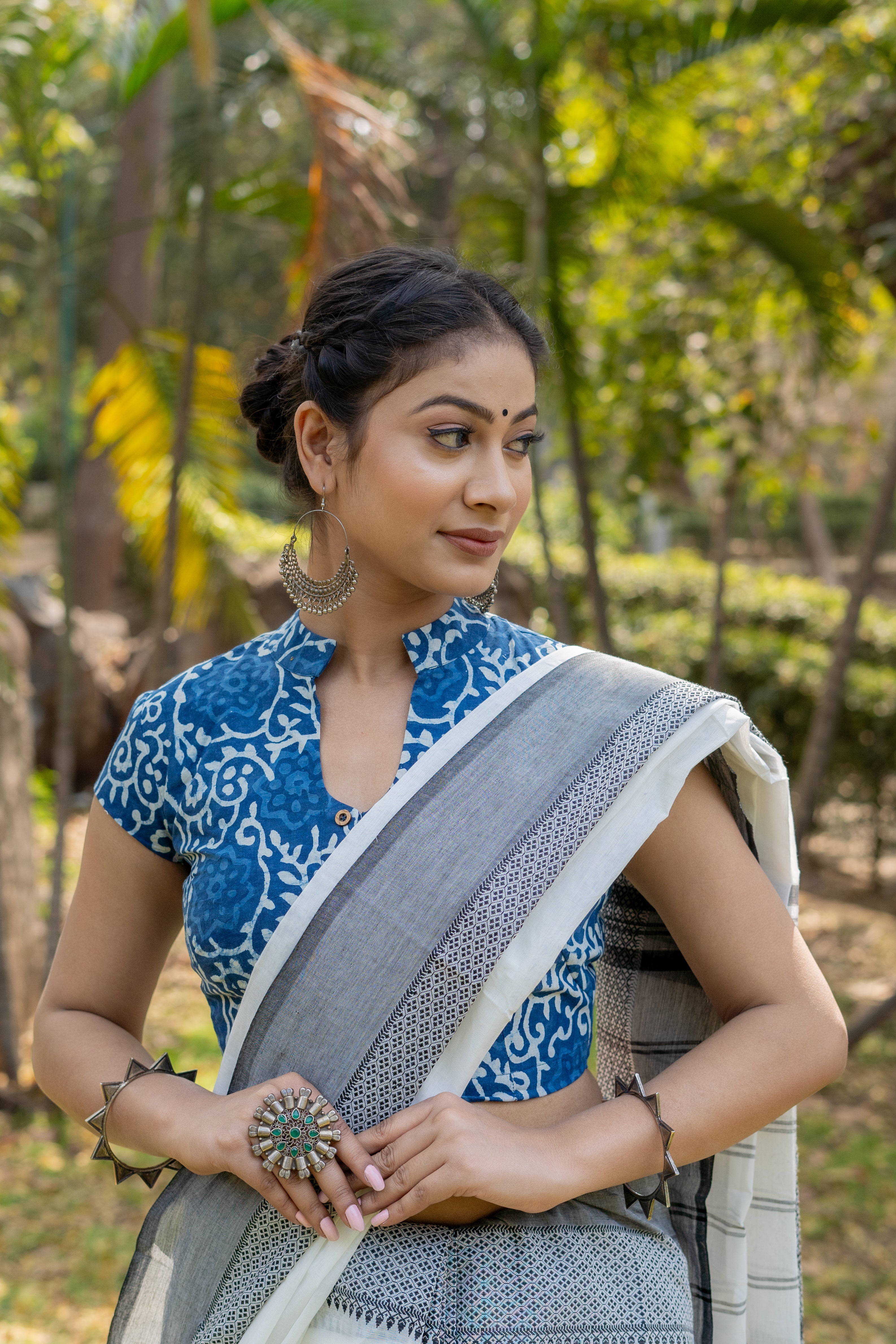 Indigo dabu floral handblock collared with U neck cotton blouse