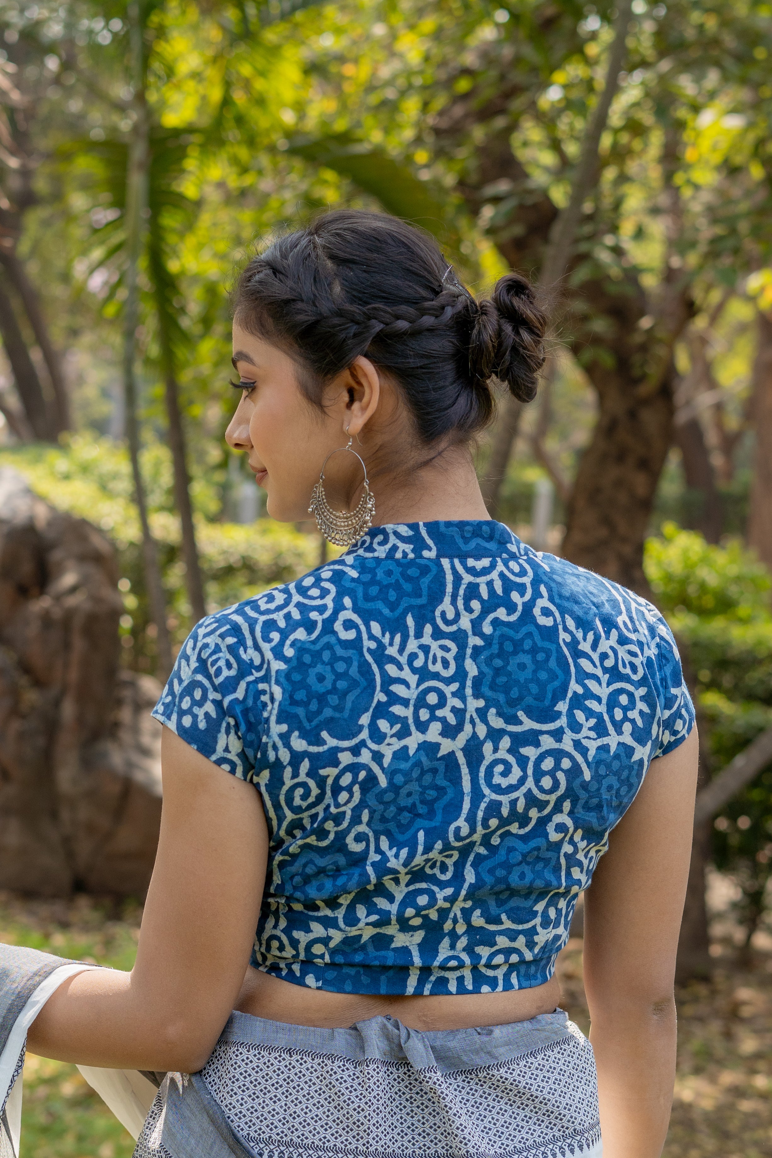 Indigo dabu floral handblock collared with U neck cotton blouse