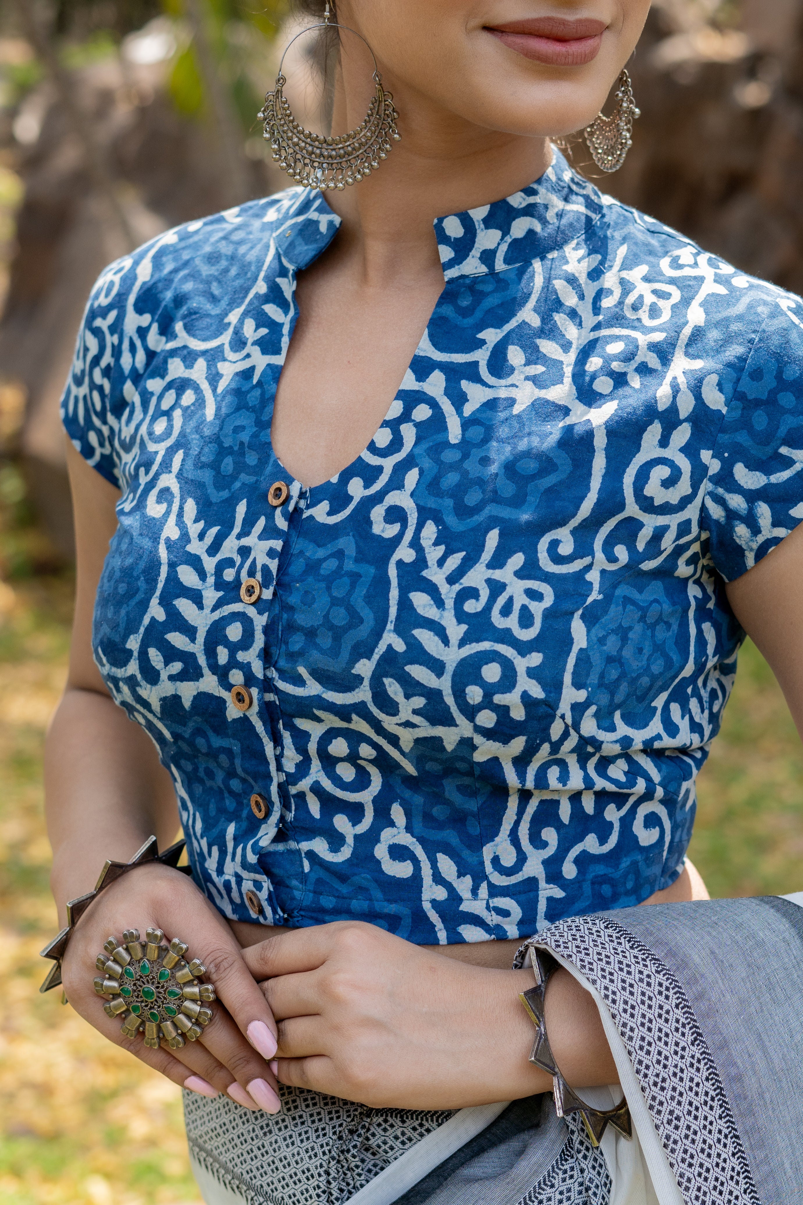 Indigo dabu floral handblock collared with U neck cotton blouse