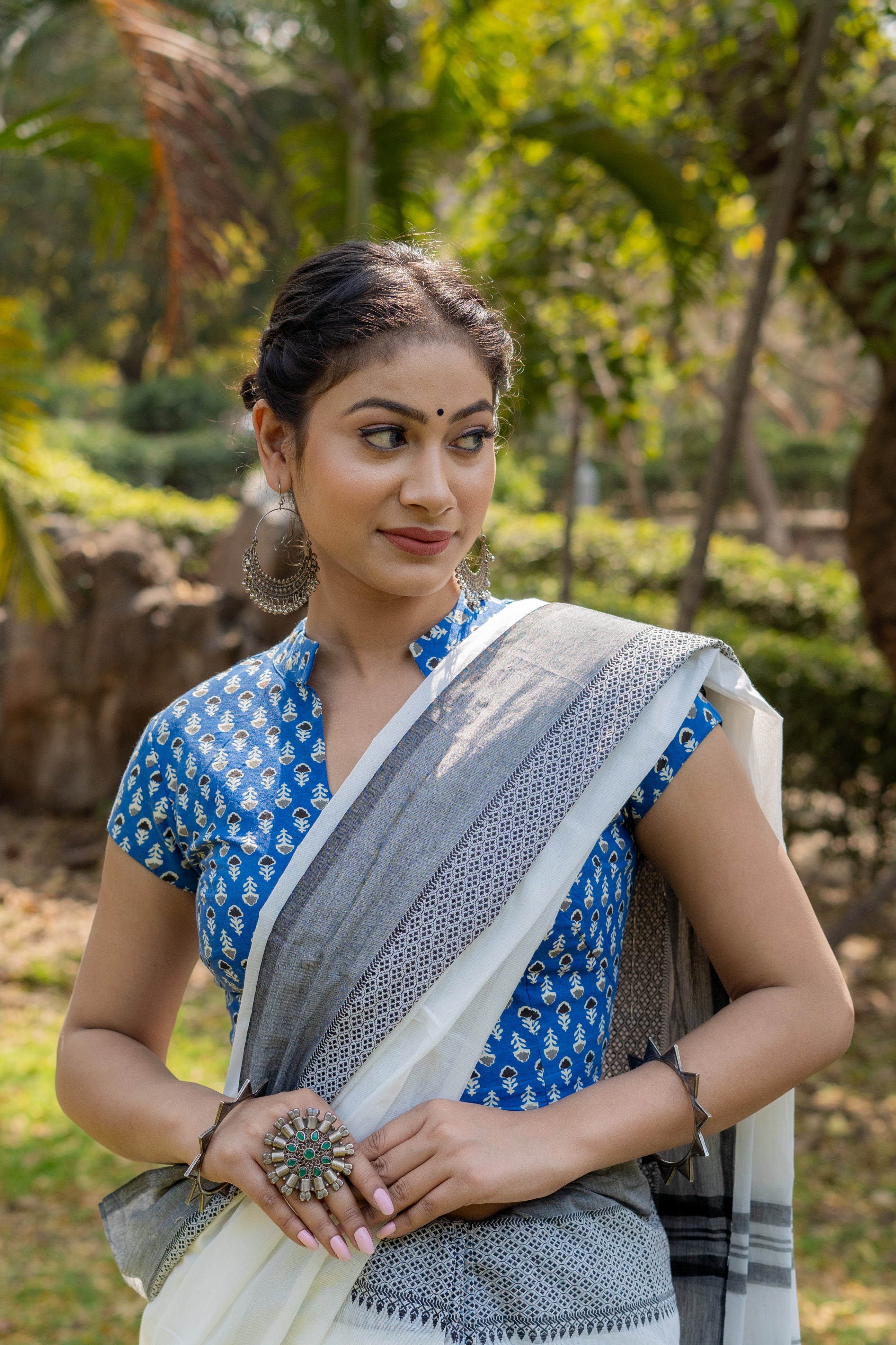 Blue bagru booti handblock print cotton blouse