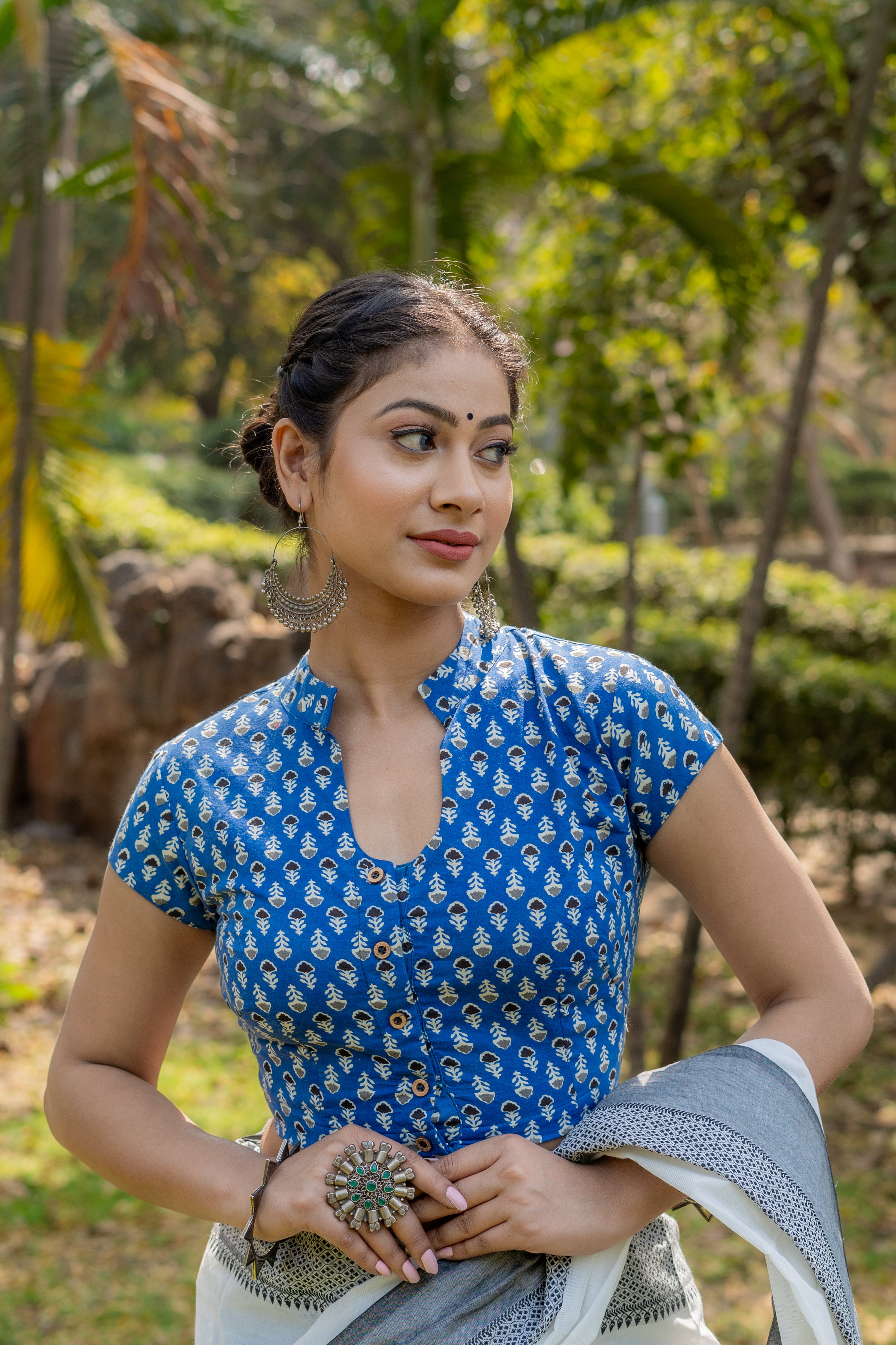 Blue bagru booti handblock print cotton blouse