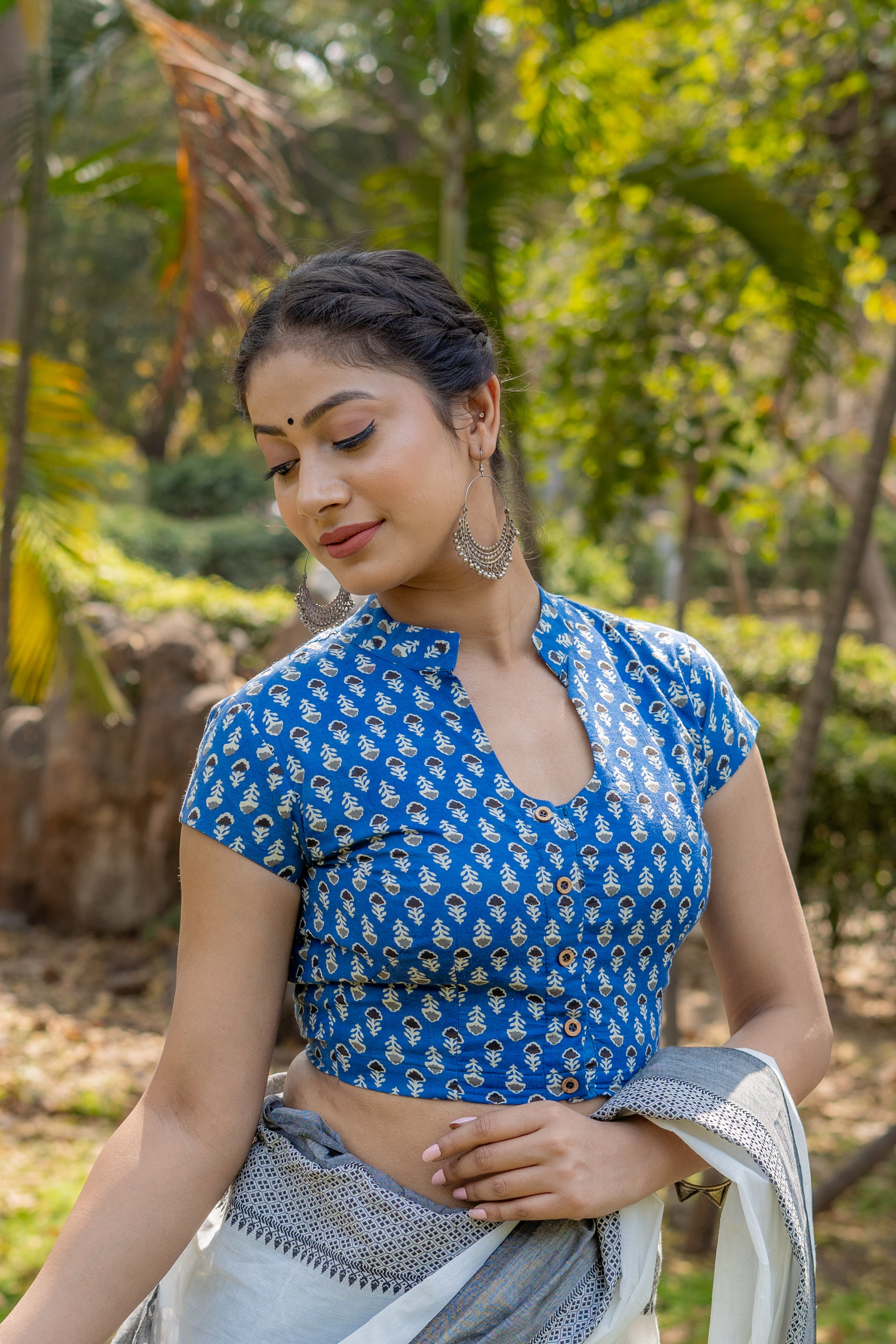 Blue bagru booti handblock print cotton blouse