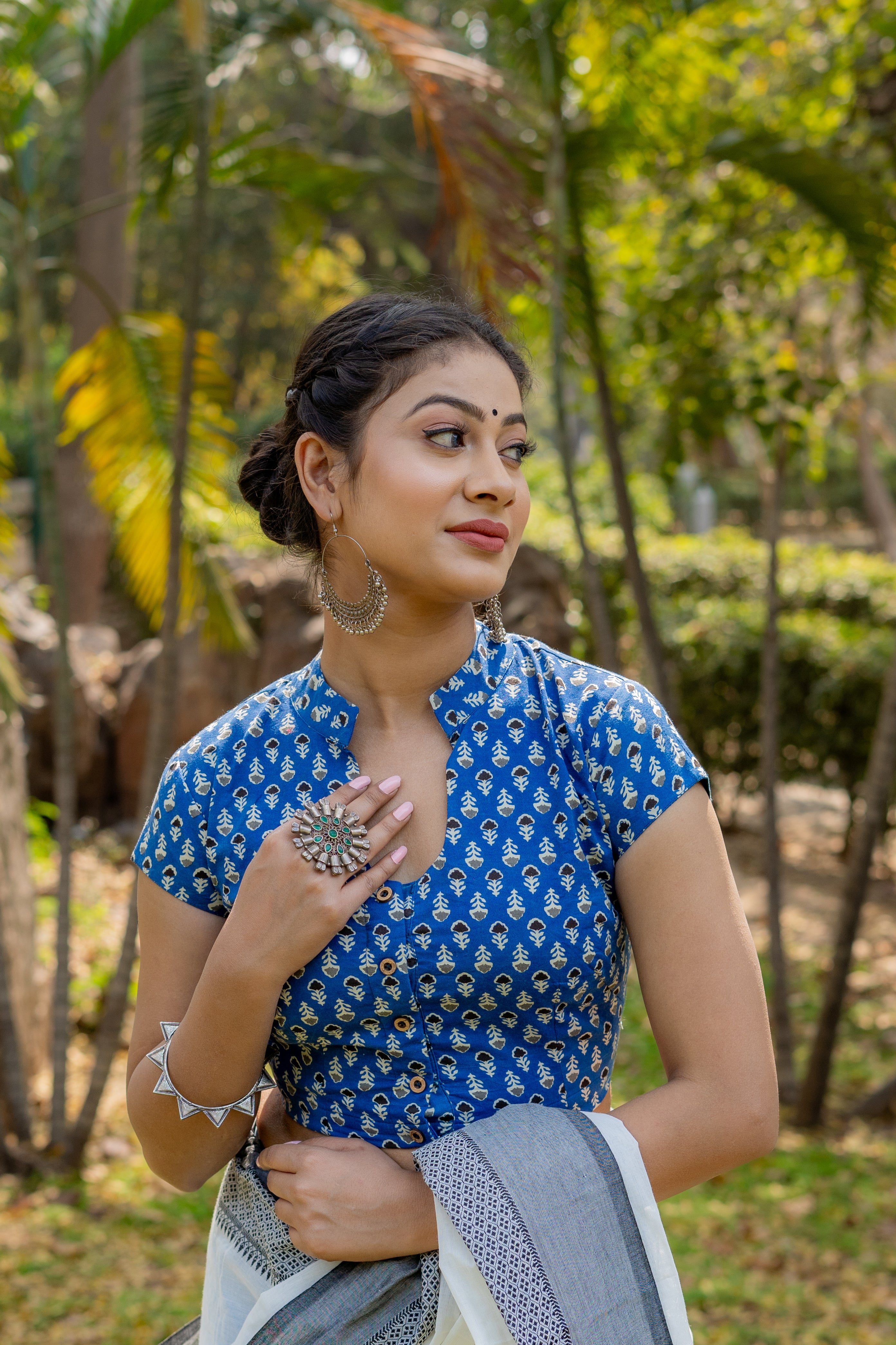 Blue bagru booti handblock print cotton blouse