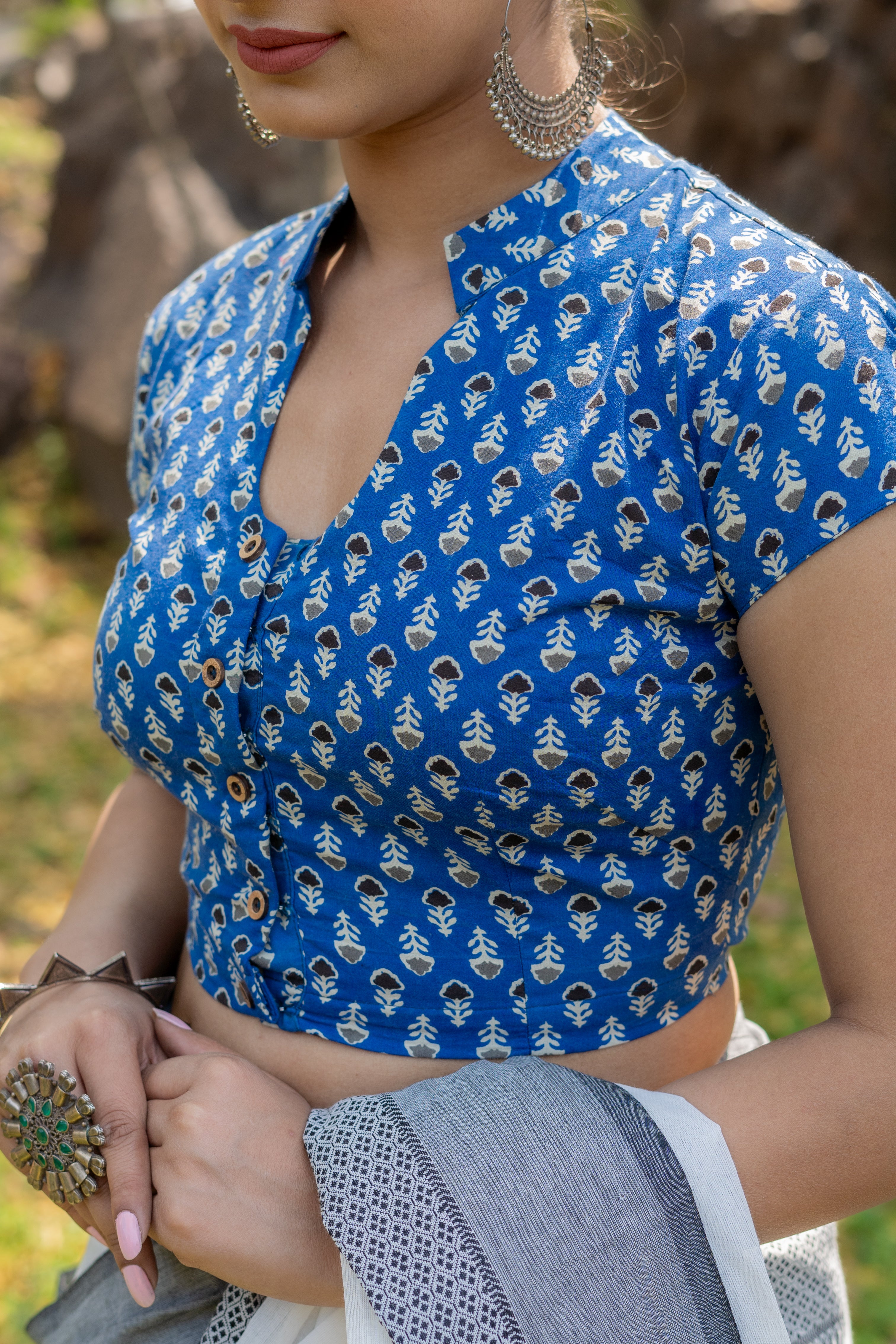 Blue bagru booti handblock print cotton blouse